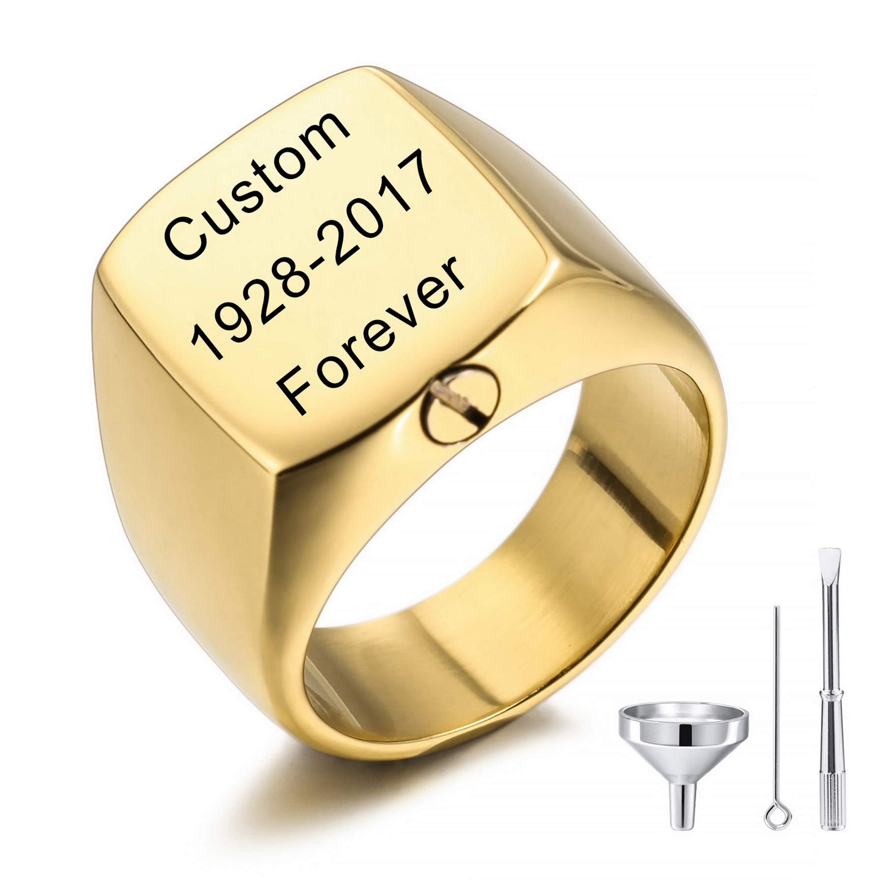 MeMeDIY Personalized Cremation Urn Ring Signet Ring Engraving Name/Text/Motto Stainless Steel Memorial Ashes Holder Keepsake for Women Men Pet with Funnel Kit Ring Size Adjusters (Gold Size N)