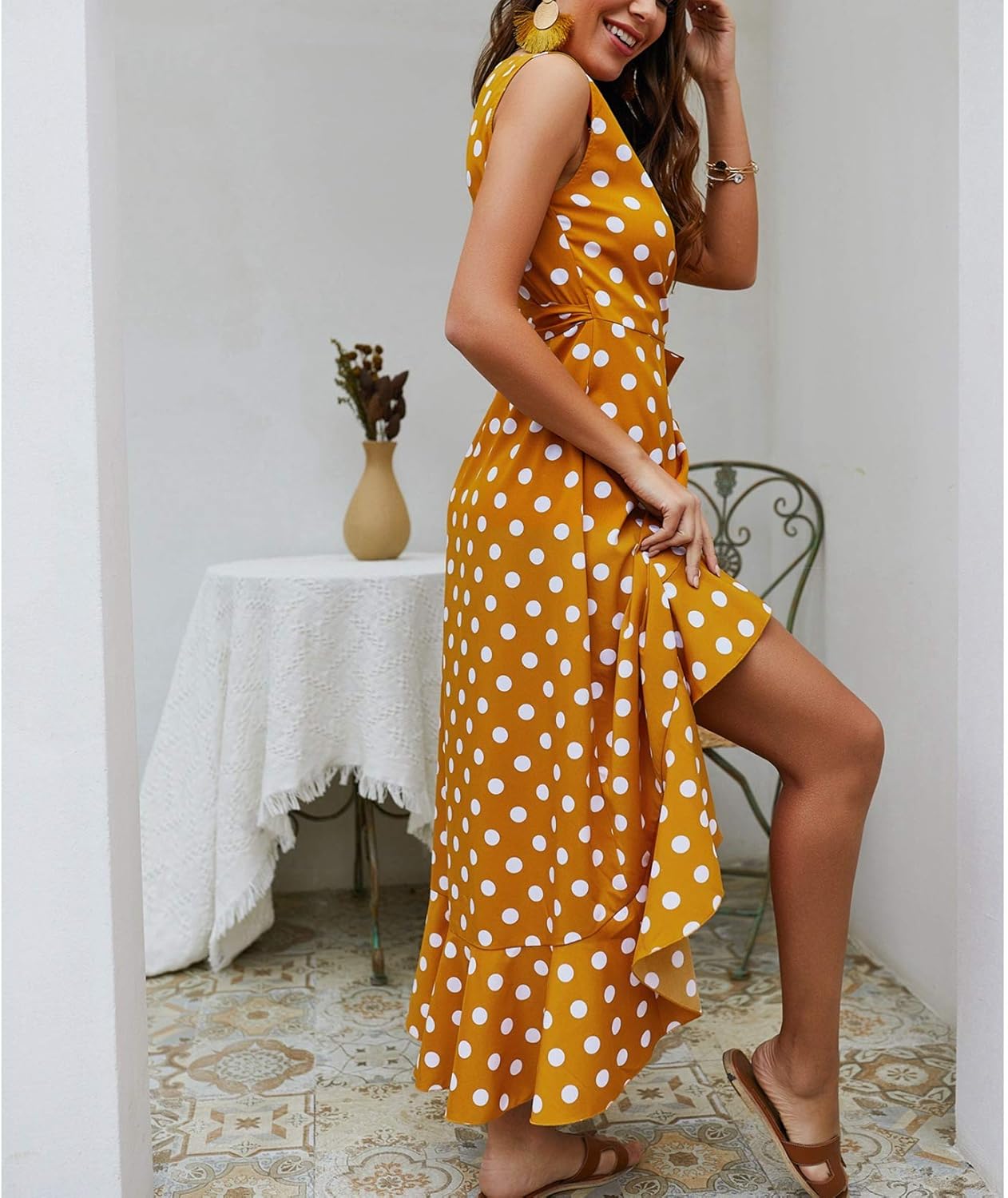 Lu's Chic Women's Wrap Dresses Sleeveless V Neck Polka Dot Boho Ruffle Long Maxi Dress Yellow M