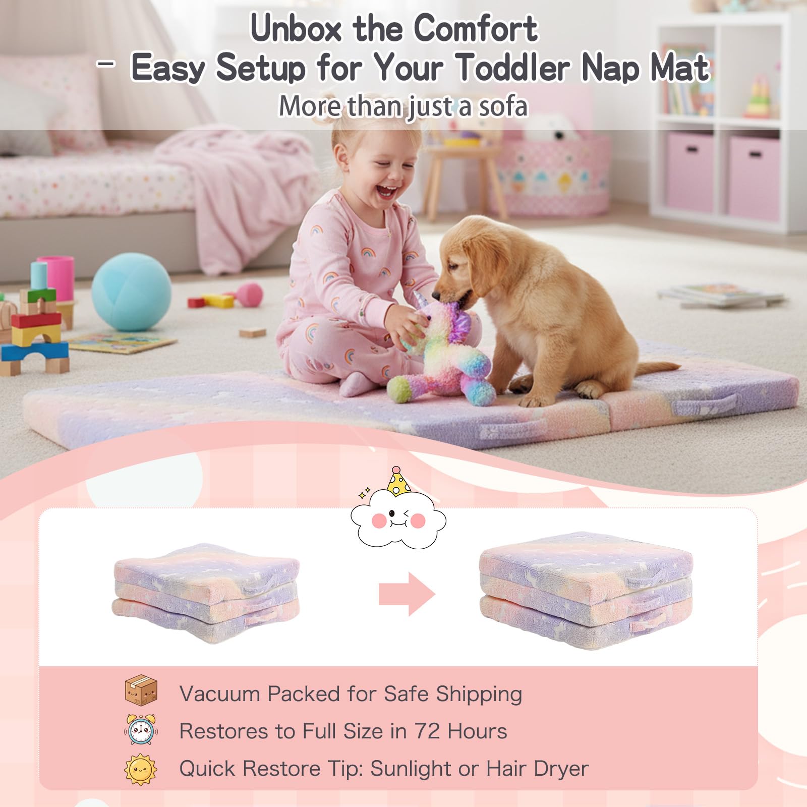 Tiita Trifold Bodenmatratze für Kinder, 145 x 56 x 8 cm Glow in The Dark Baby Kinder Futon mit abnehmbarem Bezug, Kleinkind Boden Bett Nap Matte mit Aufbewahrungstasche, Pink Pegasus