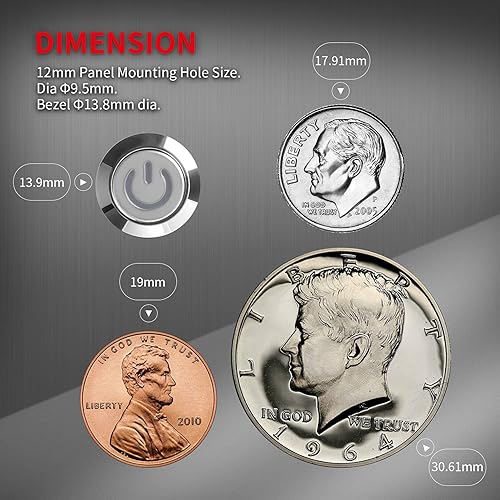 Miniatura 3 de DaierTek - Interruptor de botón de encendido y apagado, 0.472in CC, 4 pines, 12 V, impermeable, interruptor de metal con arnés de cableado y luz