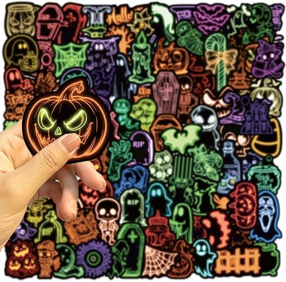 100 Pcs Halloween Stickers - Non Candy Treats for Teens, Halloween Party Favors Supplies, Prize, Indoor Decorations, Trick or Treat Alternatives for Goody Bags Laptop Water Bottles Journal