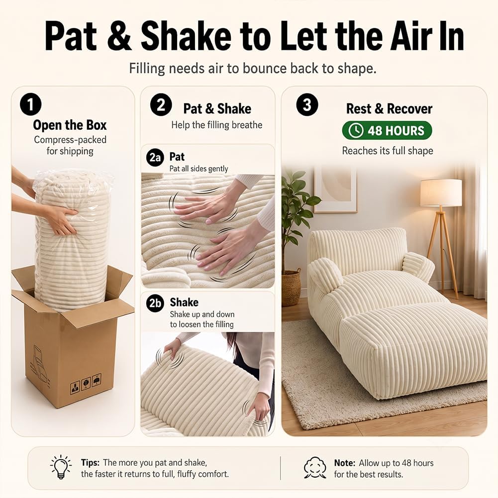 Giant Bean Bag Chair — Plush Faux Fur, Foldable Memory Foam Lounger, Removable Washable Cover for Living Room, Gaming & Lounge (Stripe White)