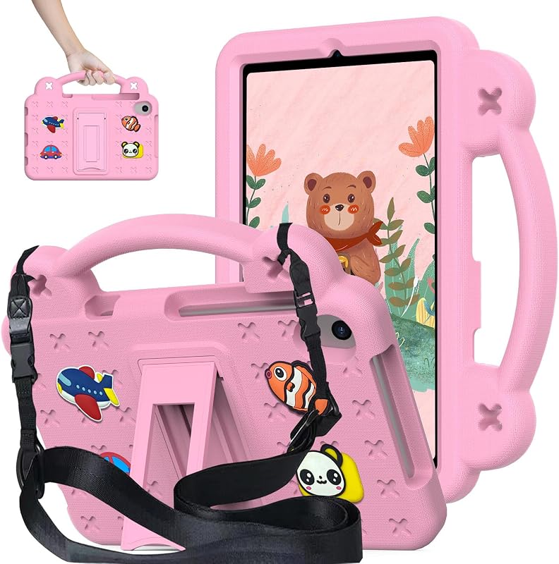 AKABEILA Compatible with Lenovo Tab M10 Plus(3rd Gen) 10.6 (2022)/Huawei MatePad Pro 10.8 (2019/2021)/SE 10.4(2023)/Samsung Tab A8 10.5 Tablet Case, Kids Case with Shoulder Strap & Stand Handle - Pink