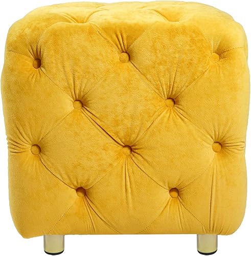 Miniatura 8 de Otomana pequeña copetuda de terciopelo, reposapiés cuadrado con botones profundos y patas de metal dorado, taburete de maquillaje para sala de