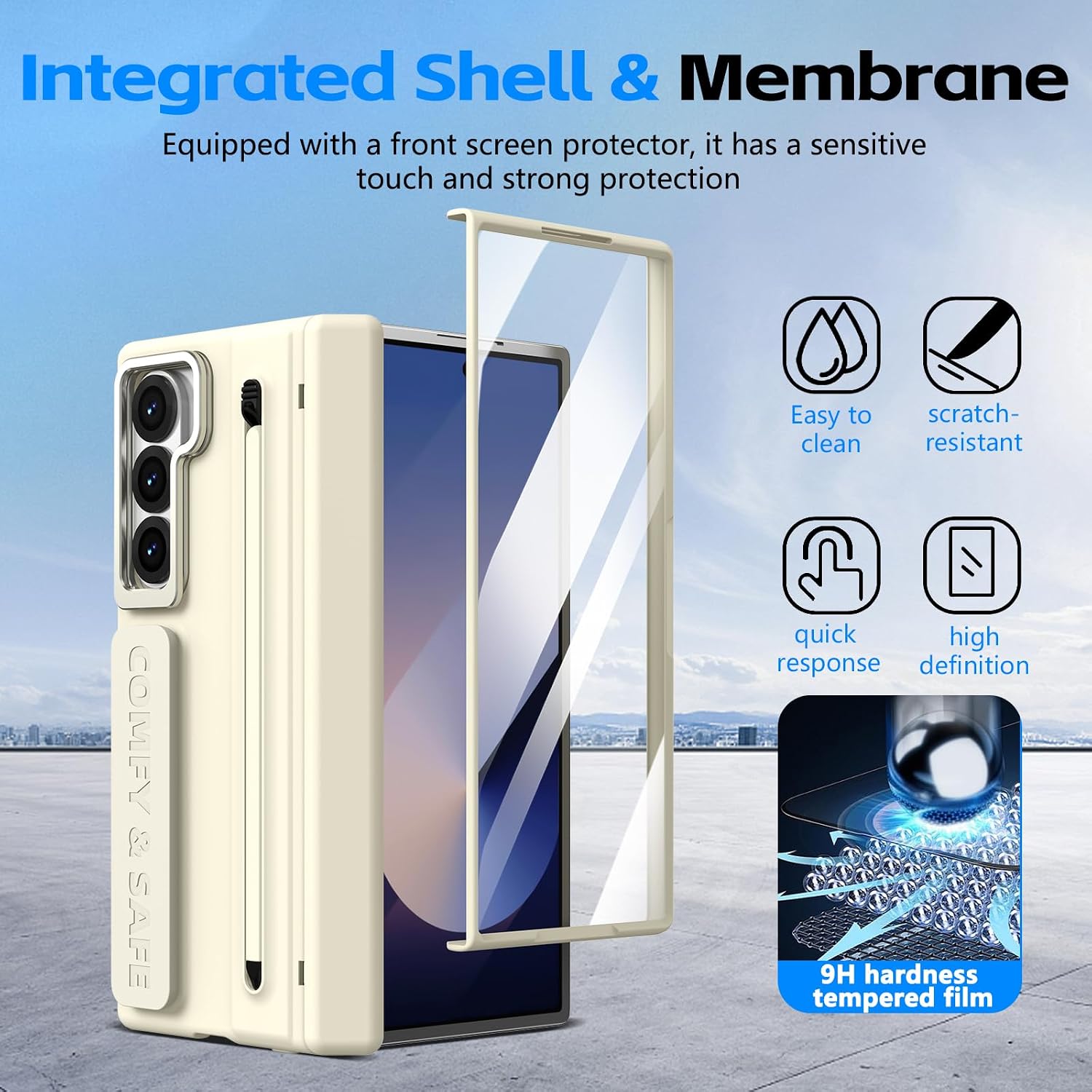 Compatible with Samsung Galaxy Z Fold 6 Case with Strap & Kickstand, Screen Protector Hinge Protective Pen Slot Shockproof Hard Full Body Protective Cover for Z Fold 6 Phone Case with Pen(Beige)