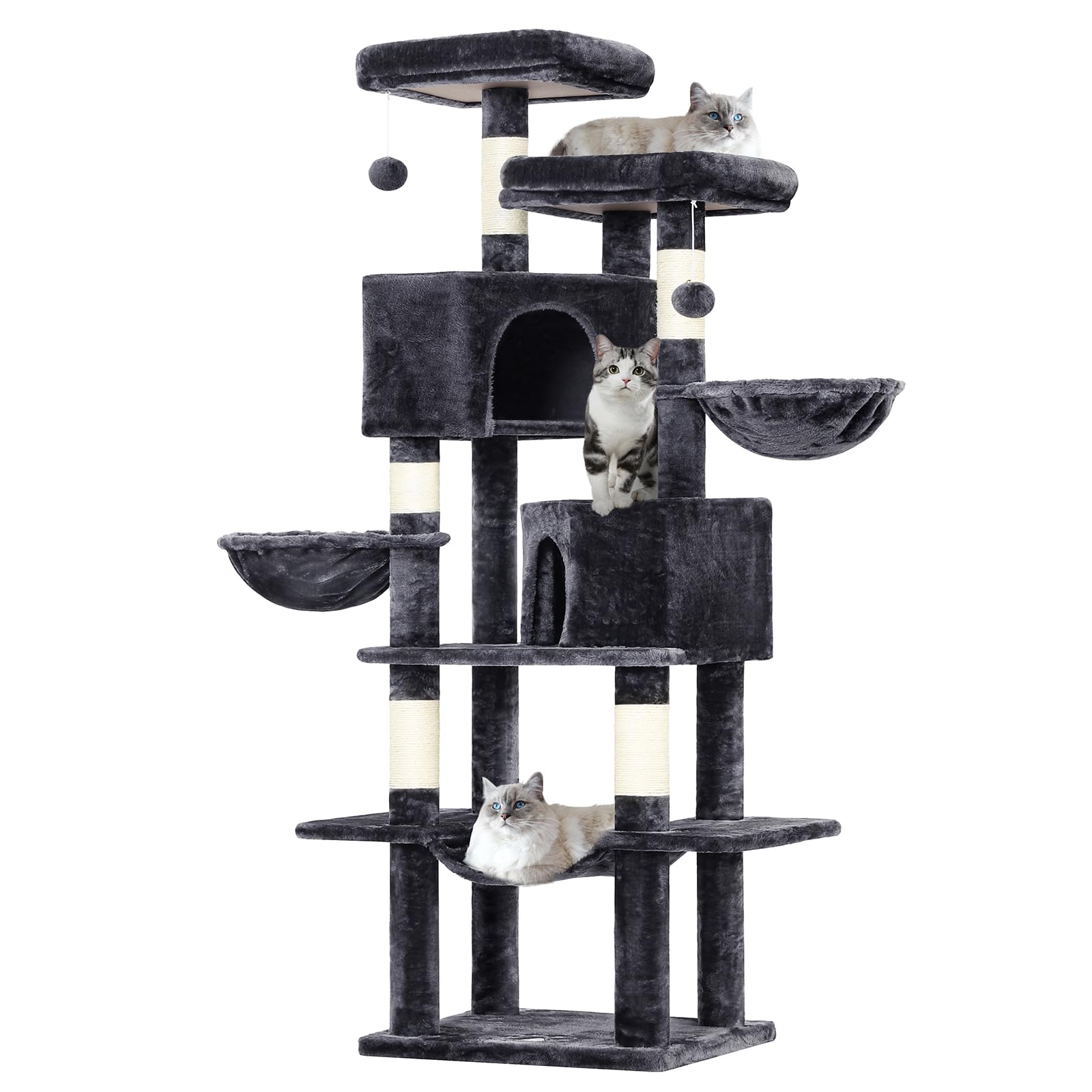 MSmask Rascador grande, 180 cm de alto, árbol para gatos con troncos de sisal, 2 plataformas, 2 cuevas para gatos, cesta, hamaca, árbol rascador para gatos estable, árbol trepador de varios niveles