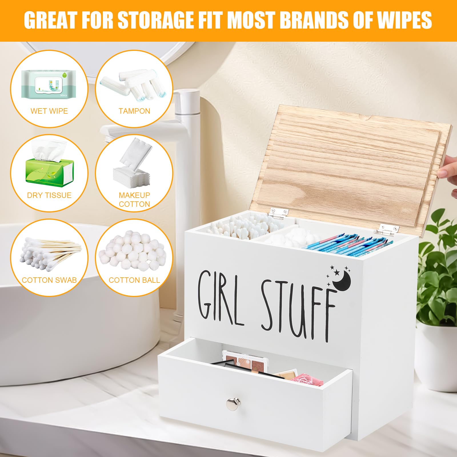 mumisuto Porta tamponi per bagno, Scatola Porta Assorbenti, Contenitore per tamponi per bagno, Organizer Rustico In Legno Per Prodotti Femminili con Cassetto e Coperchio, Organizer Femminile (Bianco)