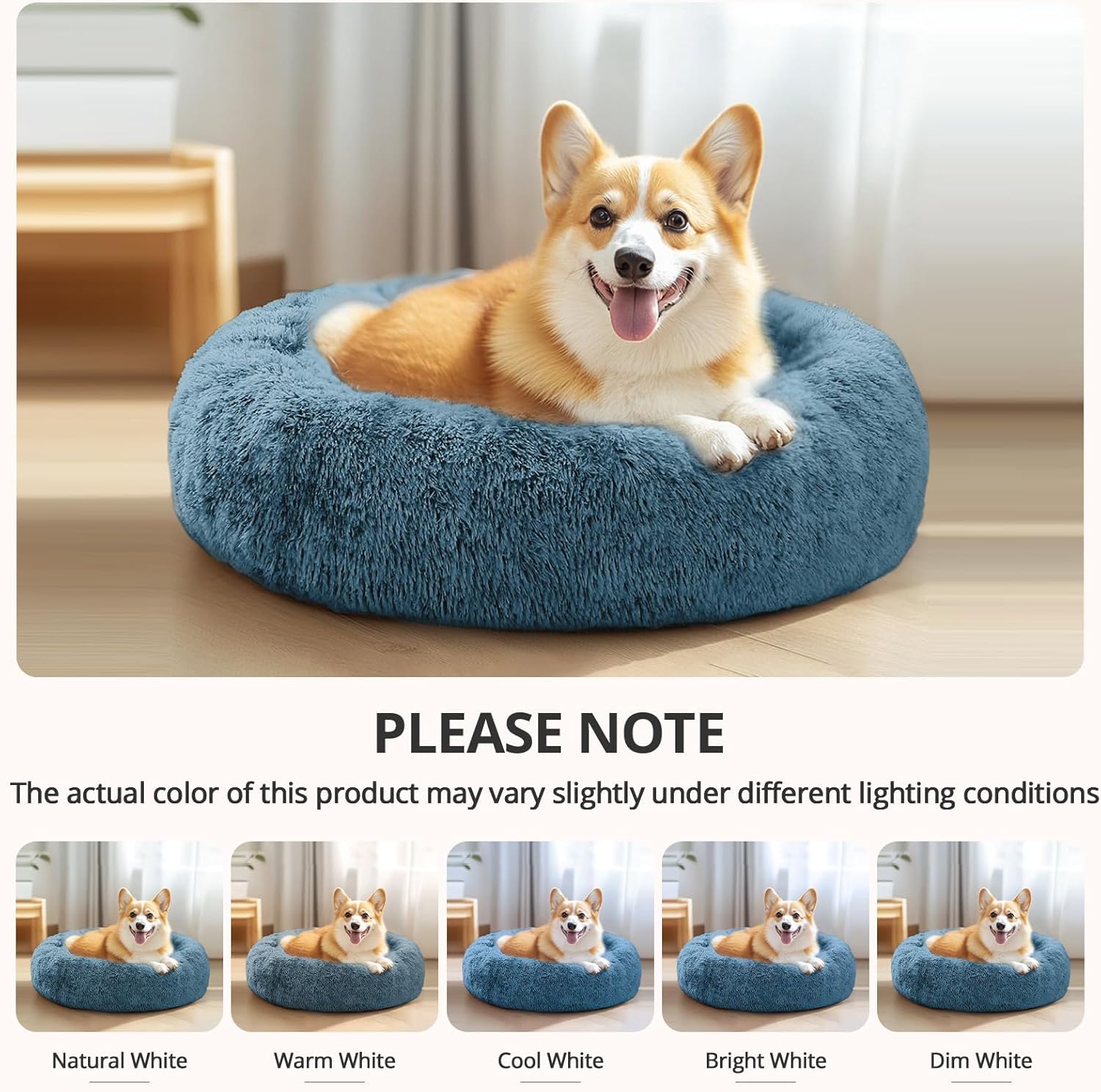 JOLLYVOGUE Calming Dog Bed Medium Size Dog, Anti-Anxiety Donut Medium Pet Bed, 27 inches Fluffy Faux Fur Round Cat Bed (Blue)