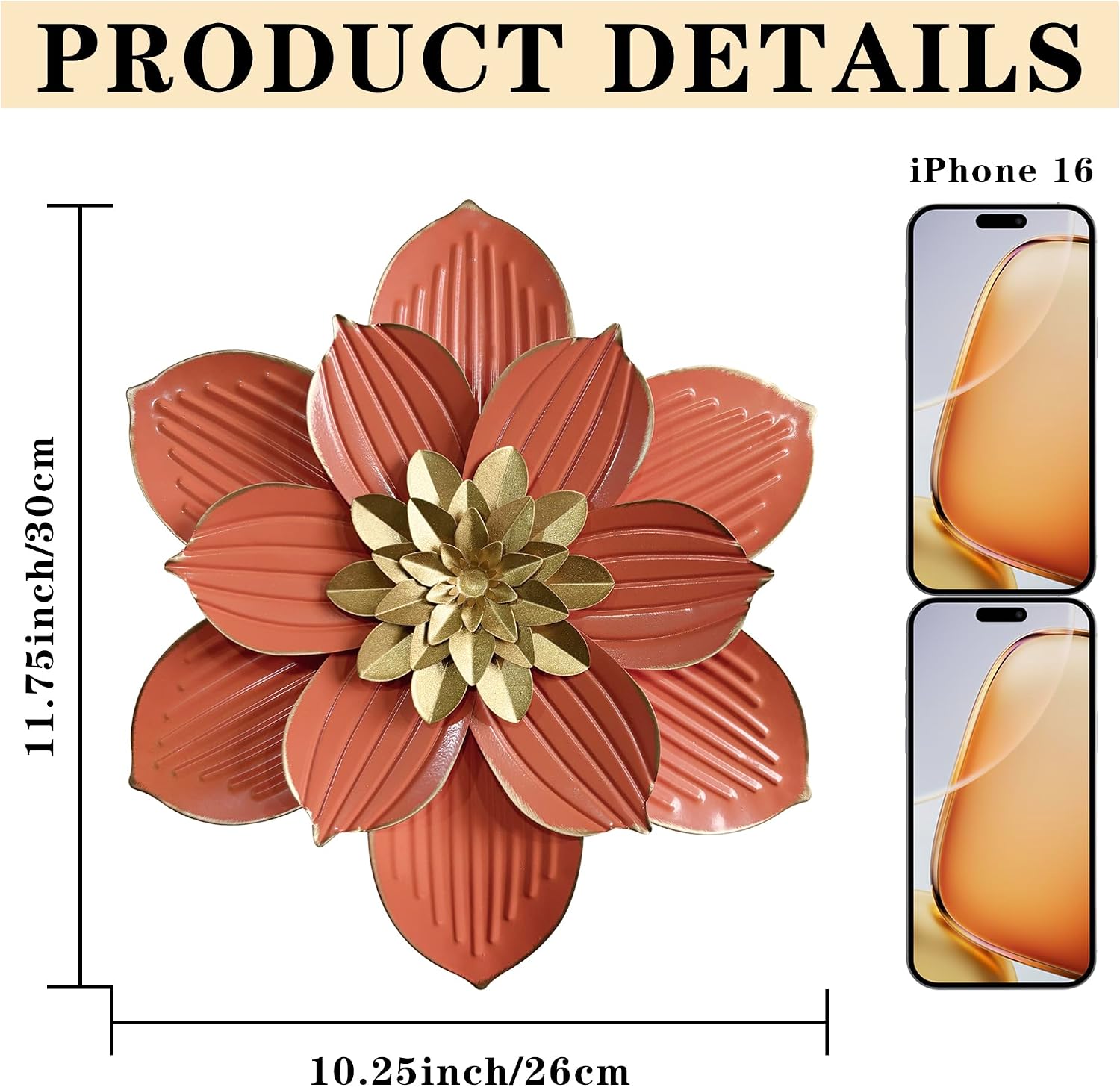 Blueprint Ivy 12" Metal Flower Wall Decor Rustic Floral Sculpture 3D Flower Art Decoration for Living Room Garden Bedroom Dining Room Kitchen (Orange) image 5