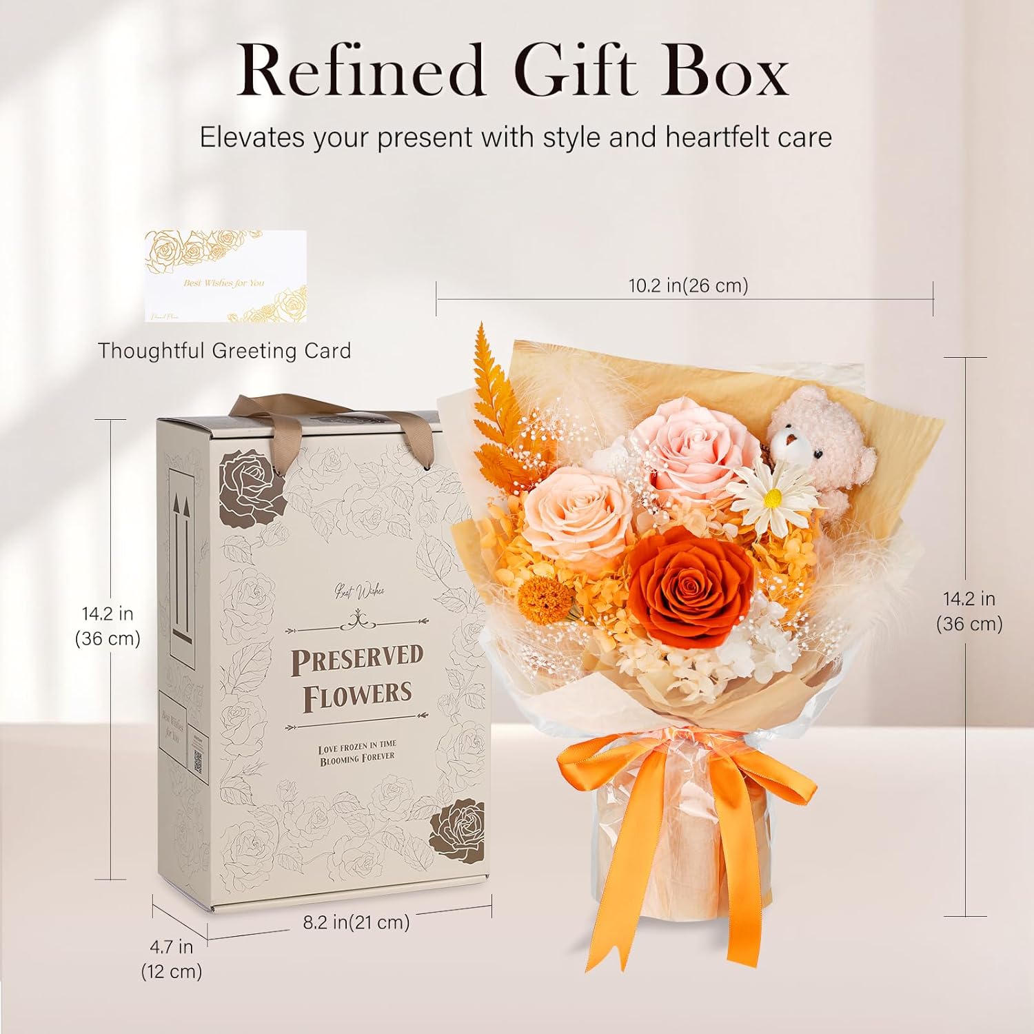 Preserved Flowers Bouquet with Bear, 3 Real Forever Flowers for Delivery, Long-Lasting Orange Eteranl Roses Bouquet, Anniversary Birthday Valentine Gifts for Women Mom Grandma Her Wife Girlfriend - Image 7