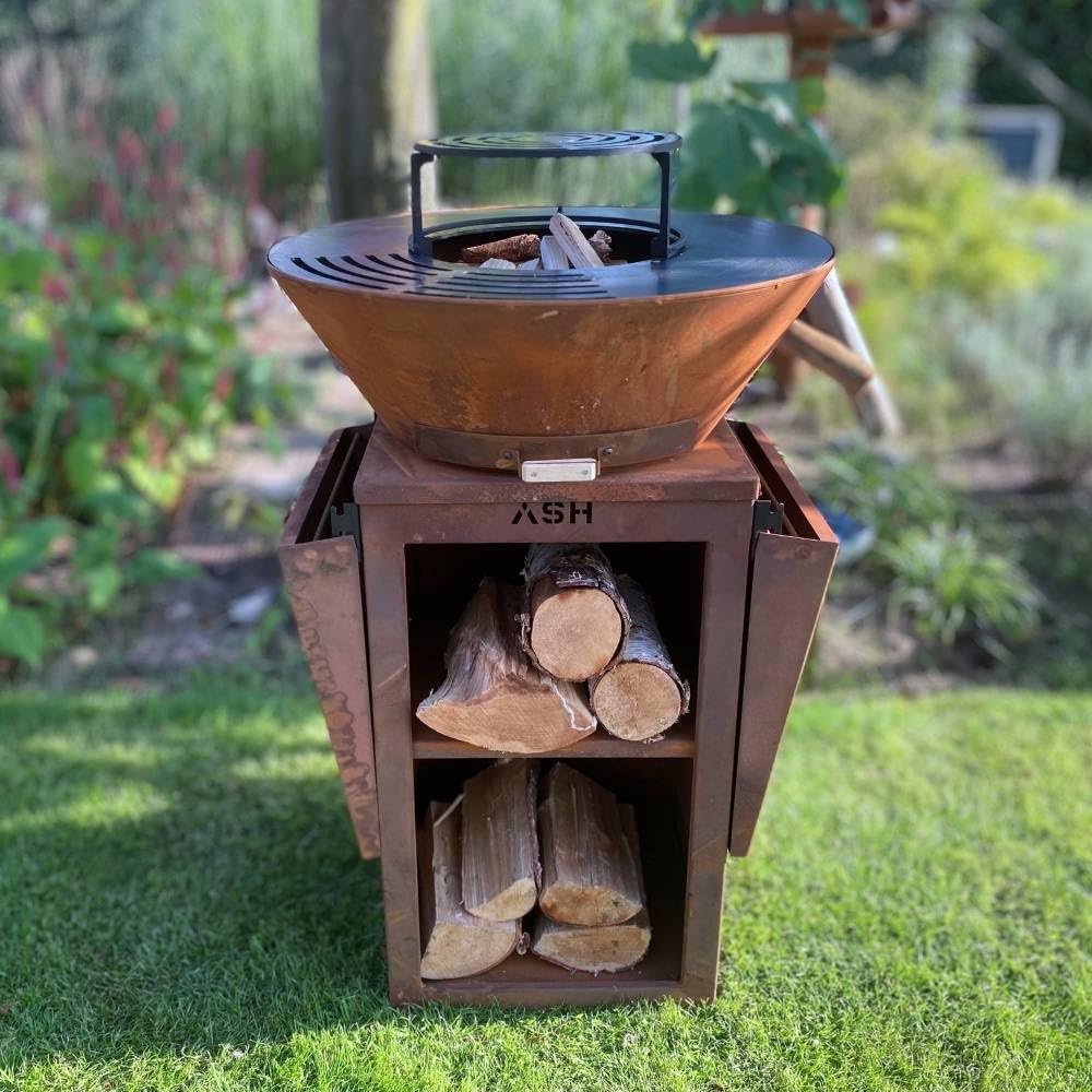 Plancha - BBQ - Griglia - Braciere - Acciaio Corten - ASH Phoenix - Colore ruggine - Piastra per barbecue - Plancha per esterni - Anello per griglia 60Ø x 115 cm - Extra Large - Camino da giardino