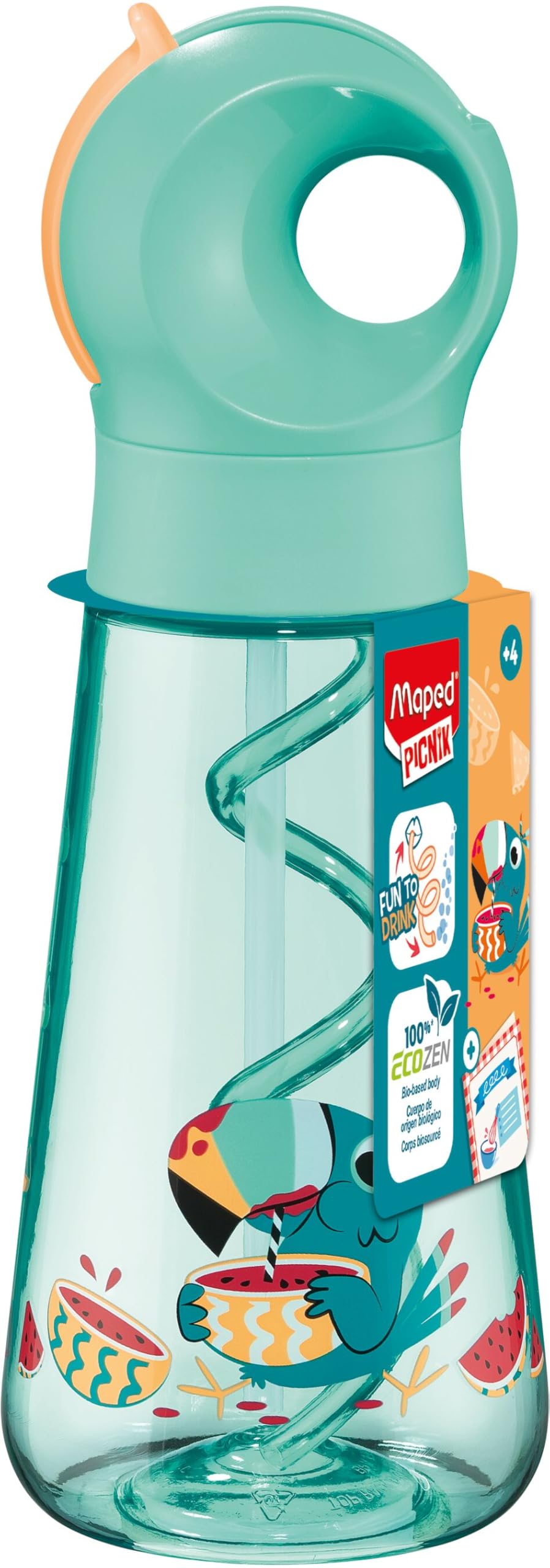 Maped Picnik Ecozen Toucan Bottle Fluorescent Green - Integrated Bubble Straw - Easy Manual Opening - Integrated Handle, Waterproof, Bio-Sourced Material - 500 ml