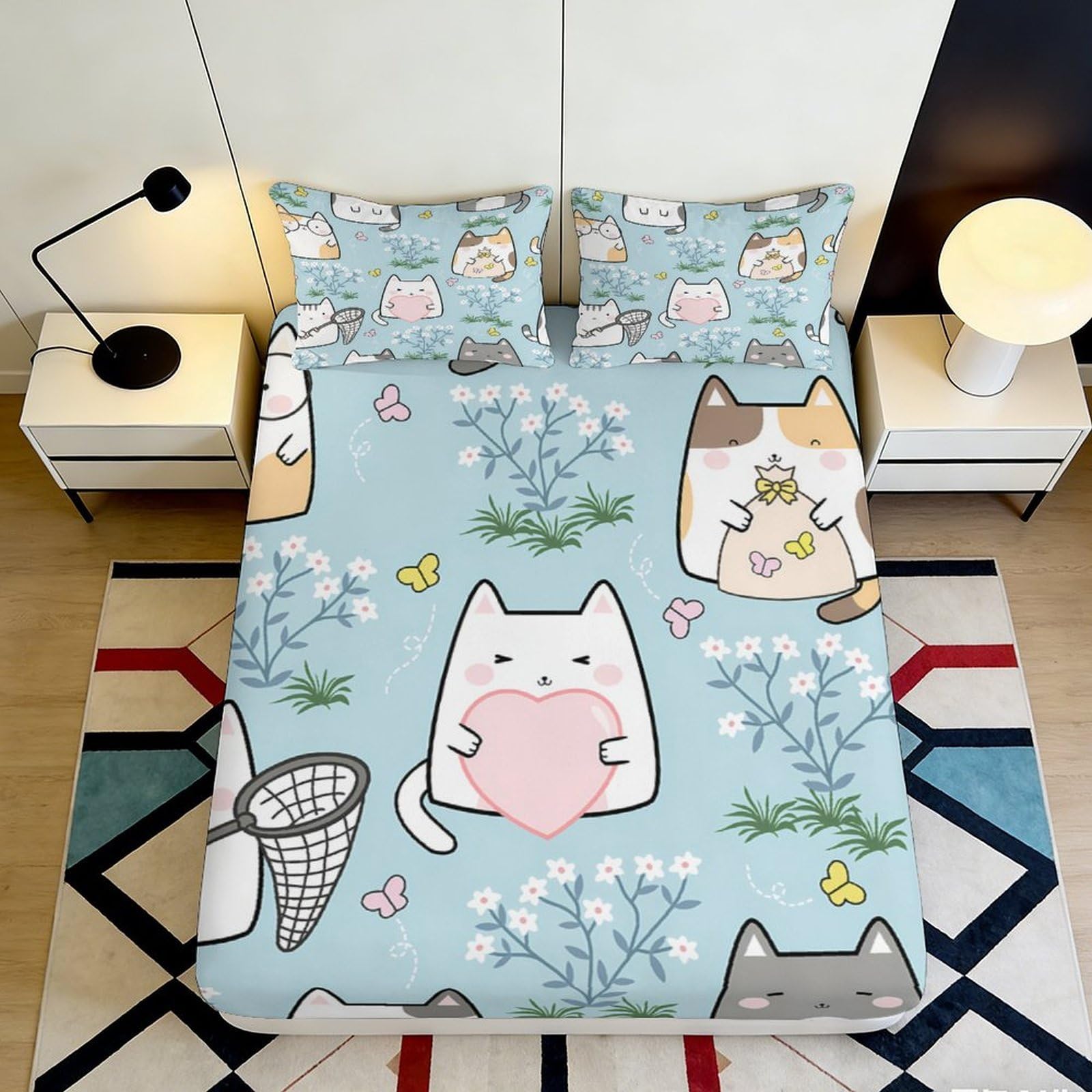 Tjiqhvmrn Style-3 3D Printed Cartoon Cat Fitted Sheet Microfiber Deep Pocket Non-Slip Bedroom Bedding Cartoon Cat Mattress Fitted Cover Washable For Adults 90X200x25cm