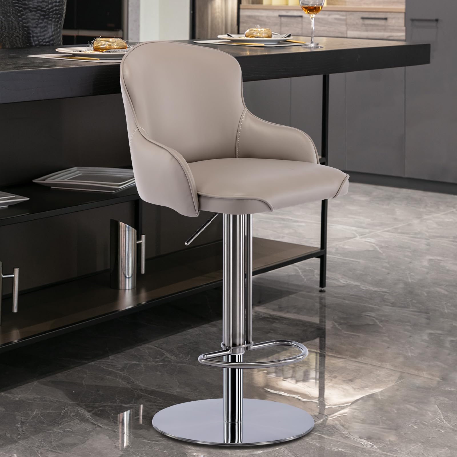 AULIFE Black Titanium Stainless Steel Bar Stools,Grade Modern Leather Bar Chair with Backrest,Swivel Adjustable Height for Kitchen Counter and Dining