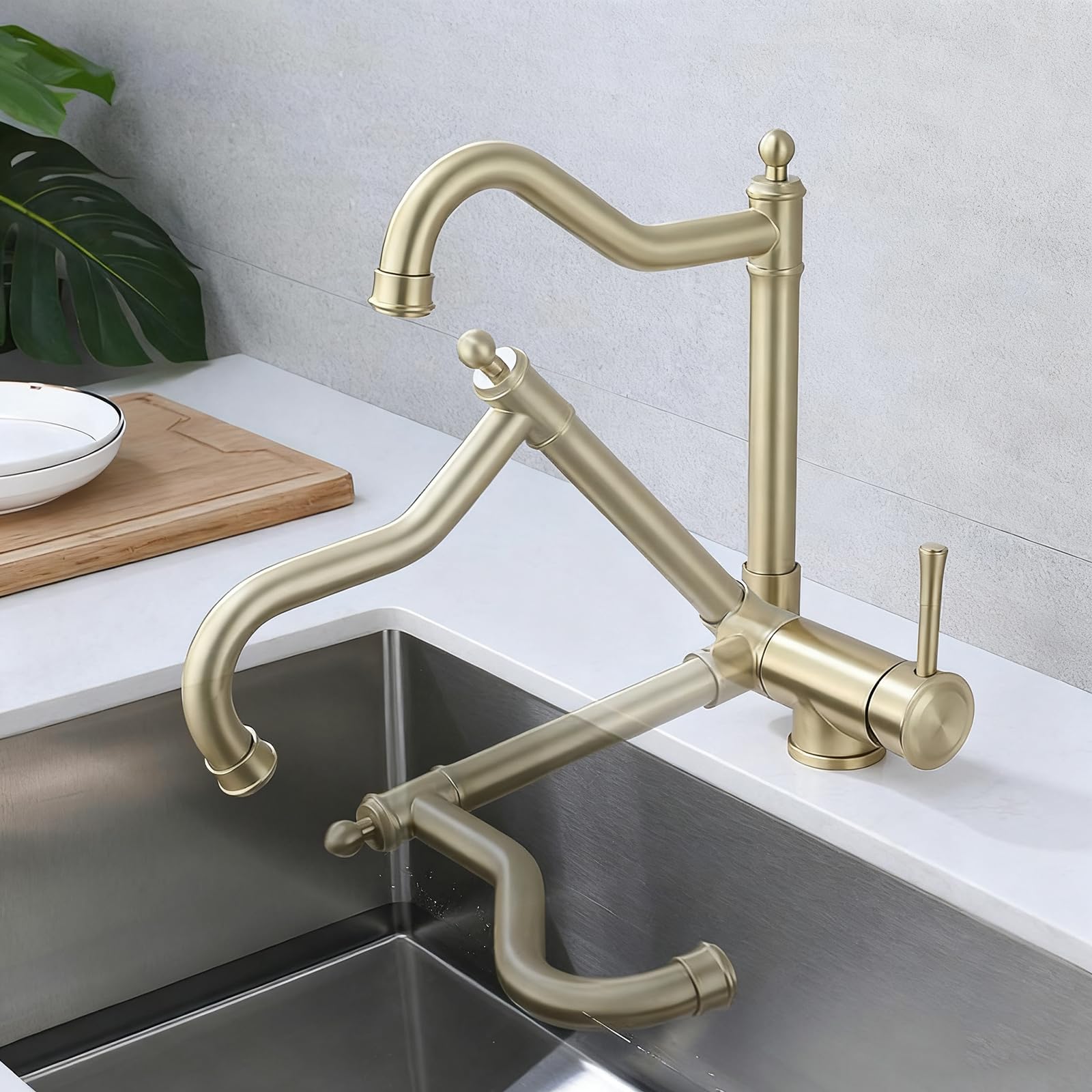 Grifo de Cocina para Ventana Grifo Abatible Cocina Oro Cepillado Grifo de Fregadero Abatible Acero Inoxidable Giratorio-Cepillado