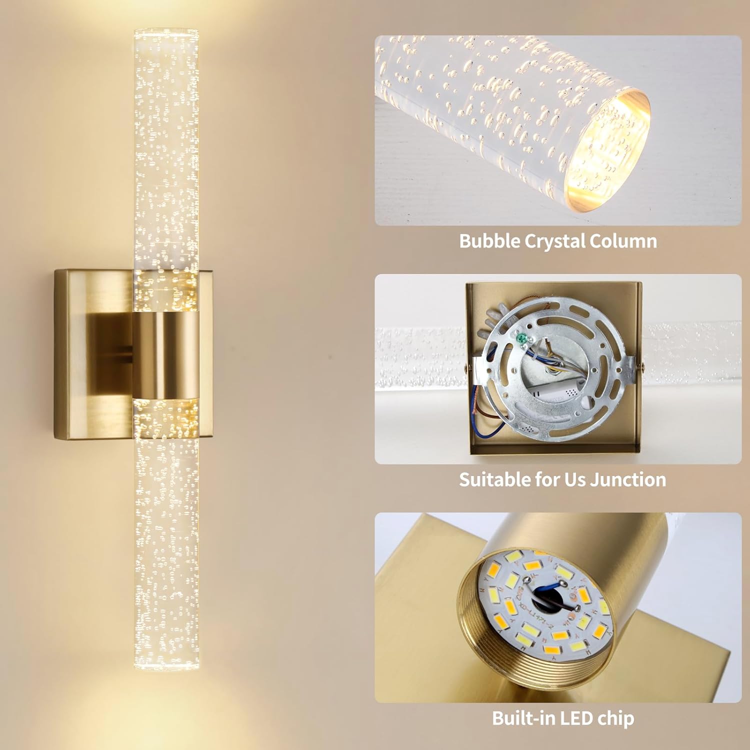18 Inch Bathroom Sconces Set of 2, 3 Color Temperature Bubble Crystal Led Wall Sconce Indoor Wall Mount Vanity Light Bar Brass Hardwired Wall Sconce for Bedroom Living Room, 12W