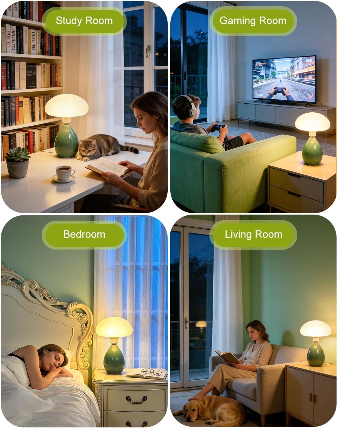 Lightdot Mushroom Table Lamp, Mid Century Modern Lamp, Green Ceramic Base Bedside Lamp, Cute Desk Lamp with Bulb Included, Eye-Caring Night Light for Bedroom Kids Room Living Room Office Home Reading