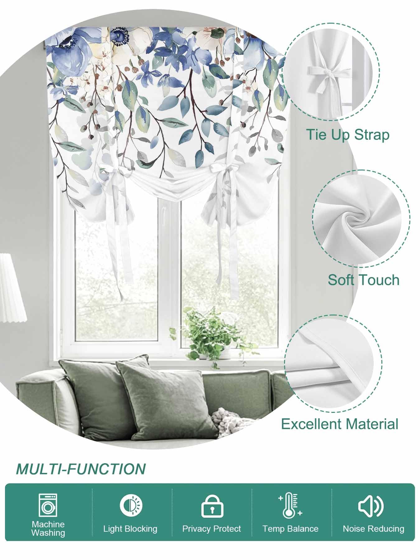 Tie Up Curtains for Windows Eucalyptus Flowers Roman Shade 52 x 63 Inch Bathroom Curtain Window Botanical Blue White Floral Leaves Rod Pocket Short Balloon Curtains for Living Room Kitchen Blinds