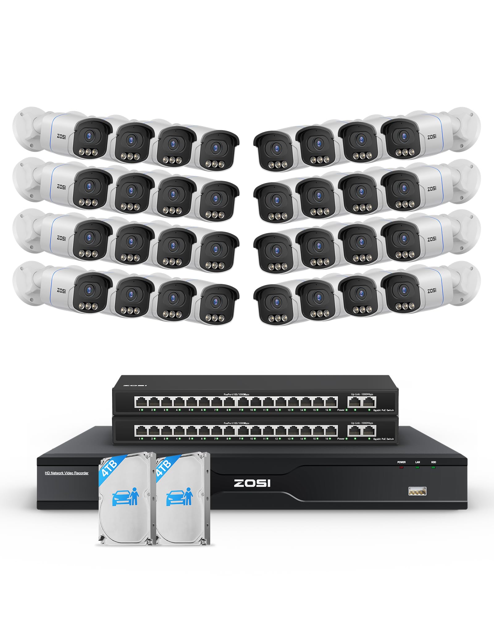 ZOSI 32CH 4K PoE Security Camera System, 32pcs 8MP True Full Color Night Vision Outdoor PoE Cameras, Spotlight Siren, Person Vehicle Detection, 2 Way Audio, 32CH NVR with 8TB HDD for 24/7 Recording