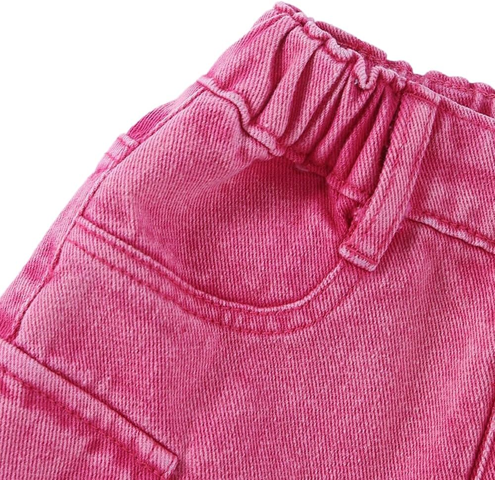 Nivne Tco Toddler Girls Cargo Denim Skirt with Side Pockets - Elastic Waistband Pink Jean Skirt Button Front for Little Girl