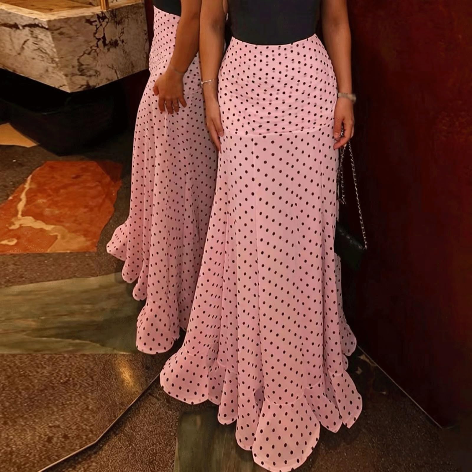 DUddTTW Slim Women's Midi Skirt Polka Dot Midi Length Flowy Skirt High Waisted Swing Skirt Maxi Skirts Ankle Length Skirts Fashion(Rose,Small)