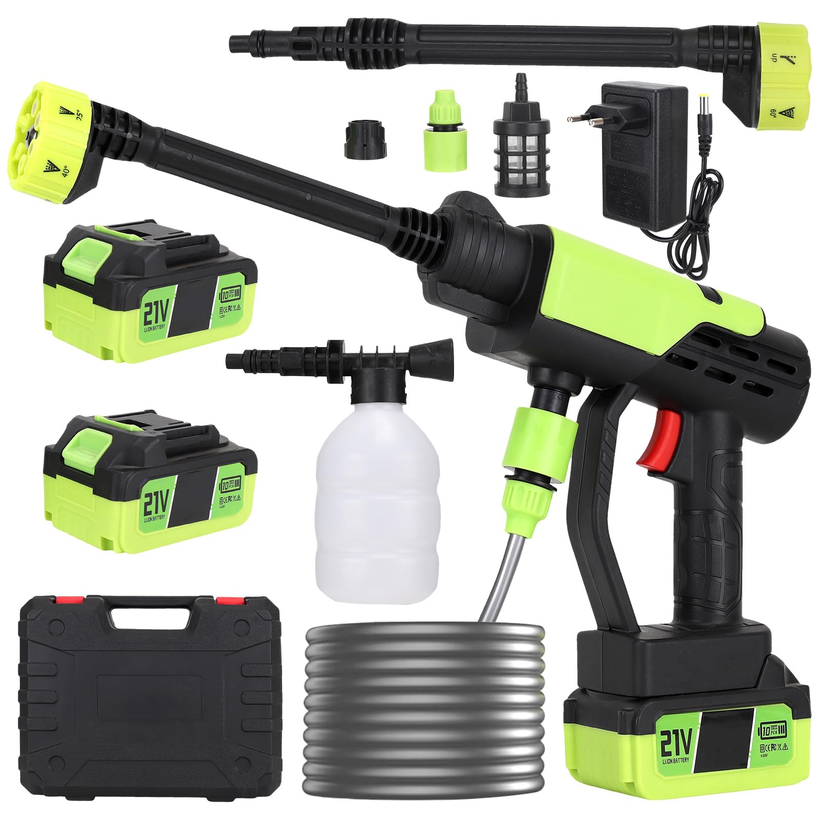 Idropulitrice a Batteria Potente Portatile Pistola Mini Alta Pressione senza Fili Tapparelle Persiane Pulivapor Auto Mano 797PSI con Lancia Schiuma, Ugello 6 in 1, 2x4.0Ah Batterie, 5M Tubo, Valigetta