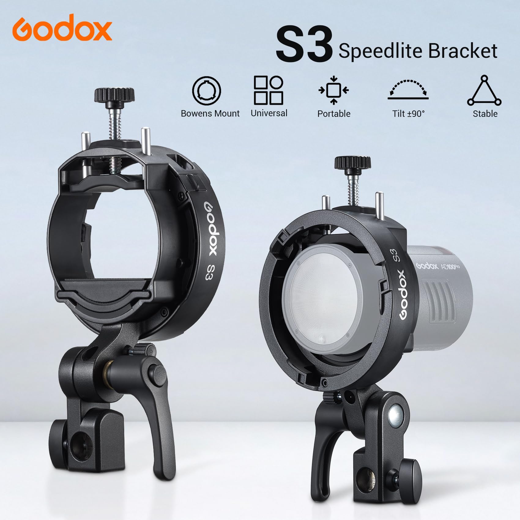 Godox S3 Support de Flash Bowen Mount S-Type pour Flashs Godox V1PRO,V100,V860III,TT350,AD100,AD200,AD200Pro et AD300 Speedlite