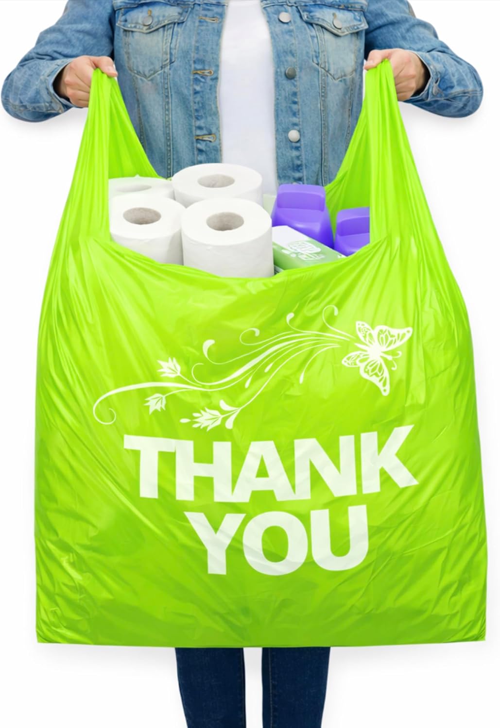 YoYoRain 50 Count White Oversized Thank You T-Shirt Bags, 20 x 10 x 36 in | 20 micron HDPE with handles, large Thank You carryout sacks for grocery, retail, takeout and small business