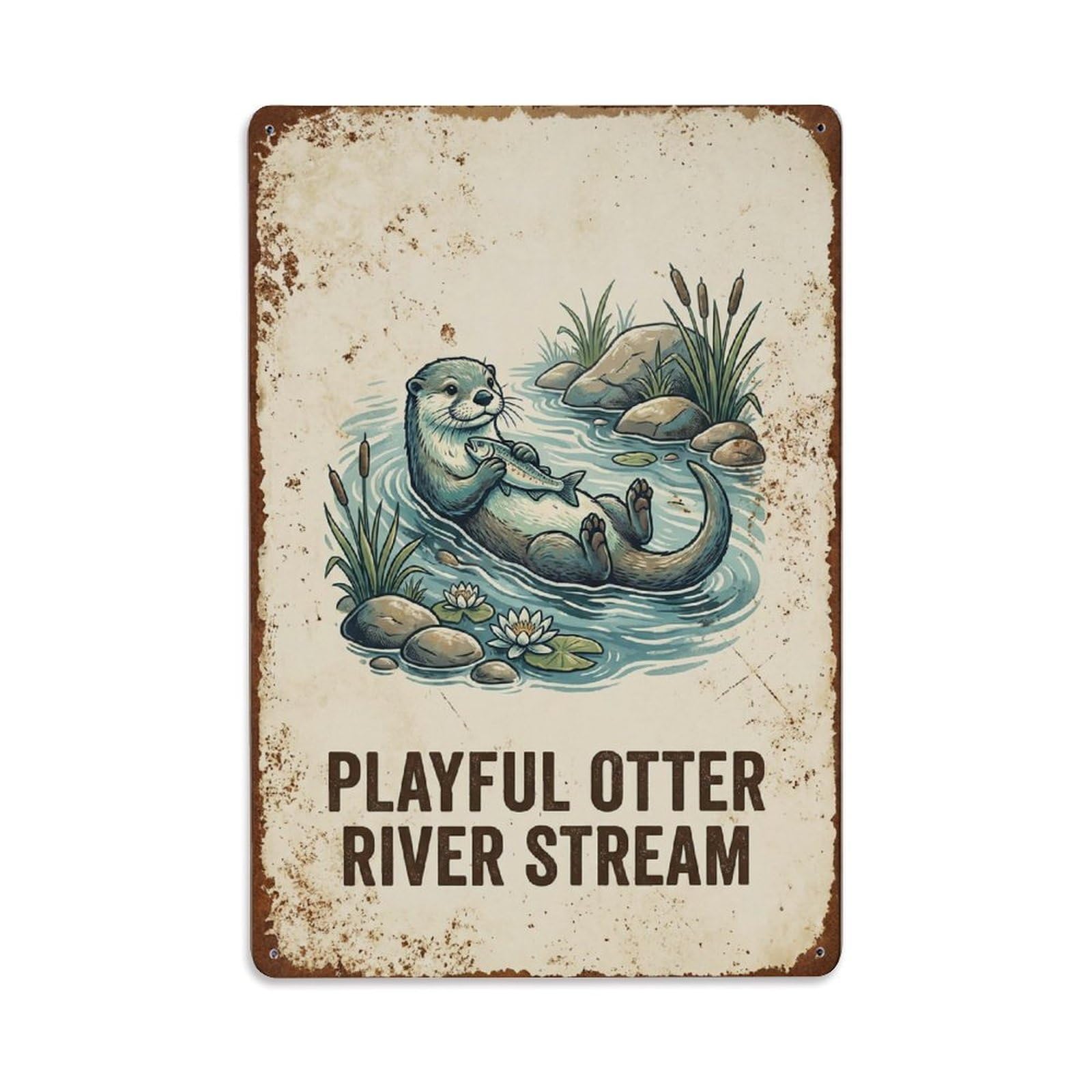 Playful Otter River Stream Waterside Metal Tin Sign