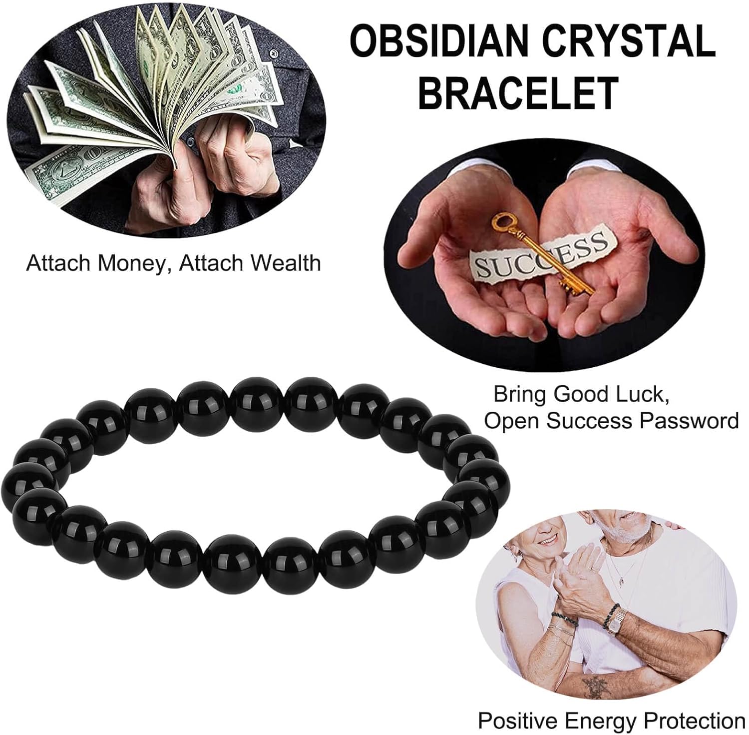 Obsidian Bracelet for Men Women, Black Agate Lava Crystal Bead Protection Grounding Stretch Bracelet, Handmade Beaded Stone Jewelry for Good Luck Courage Attract Money Wealth Prosperity Positive Energy Quartz Bracelets - Image 3