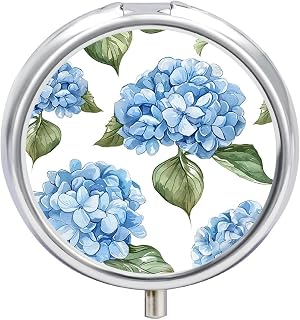 Portable Pill Organizer Small Pill Box Blue Hydrangea Pattern 3 Compartment Medicine Vitamin Organizer Travel Medicine Organizer with Mirror & Button Closure Cute Medication Case for Purse