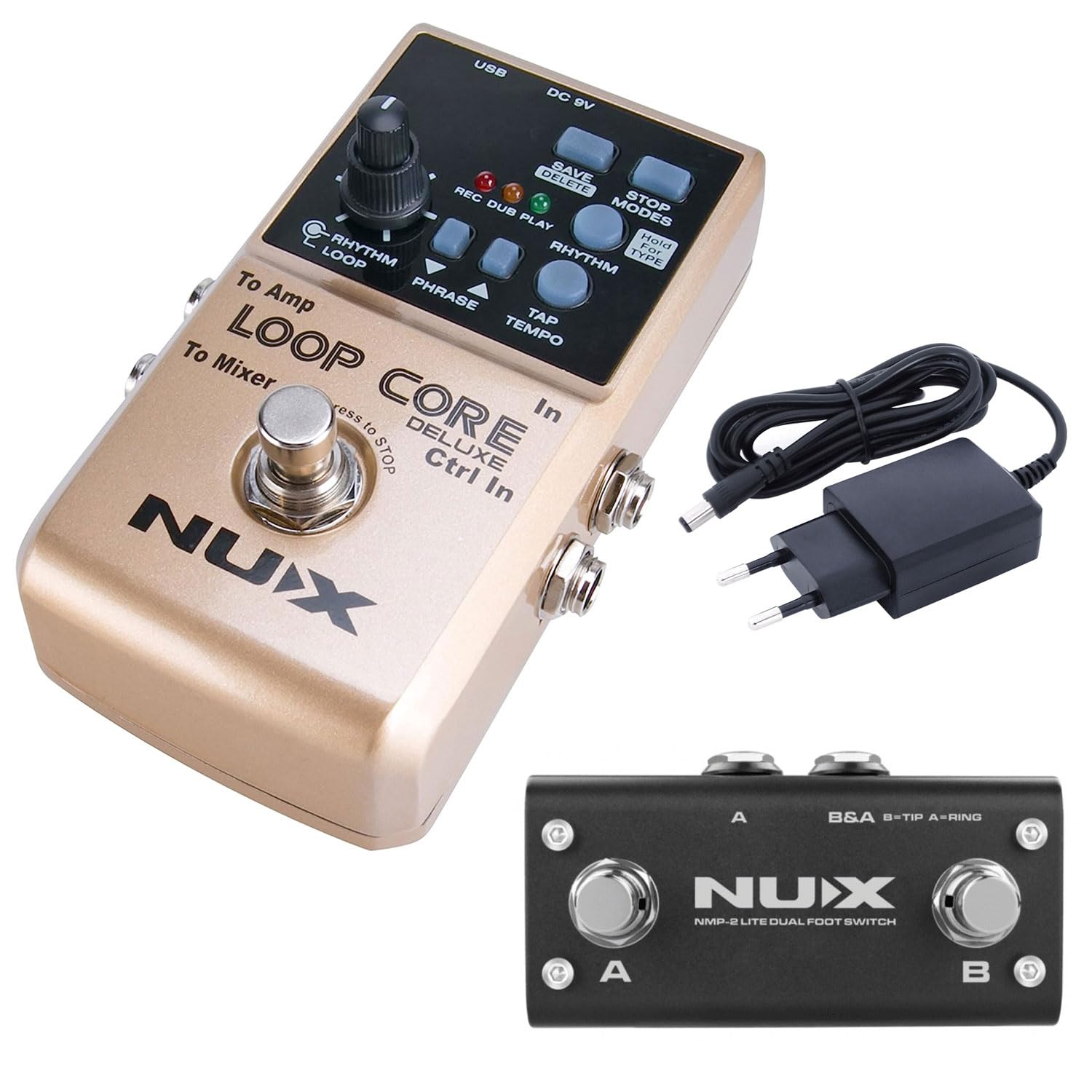 Nux Loop Core Deluxe Bundle - Dispositivo a pedale per chitarra e basso + alimentatore di rete Keepdrum