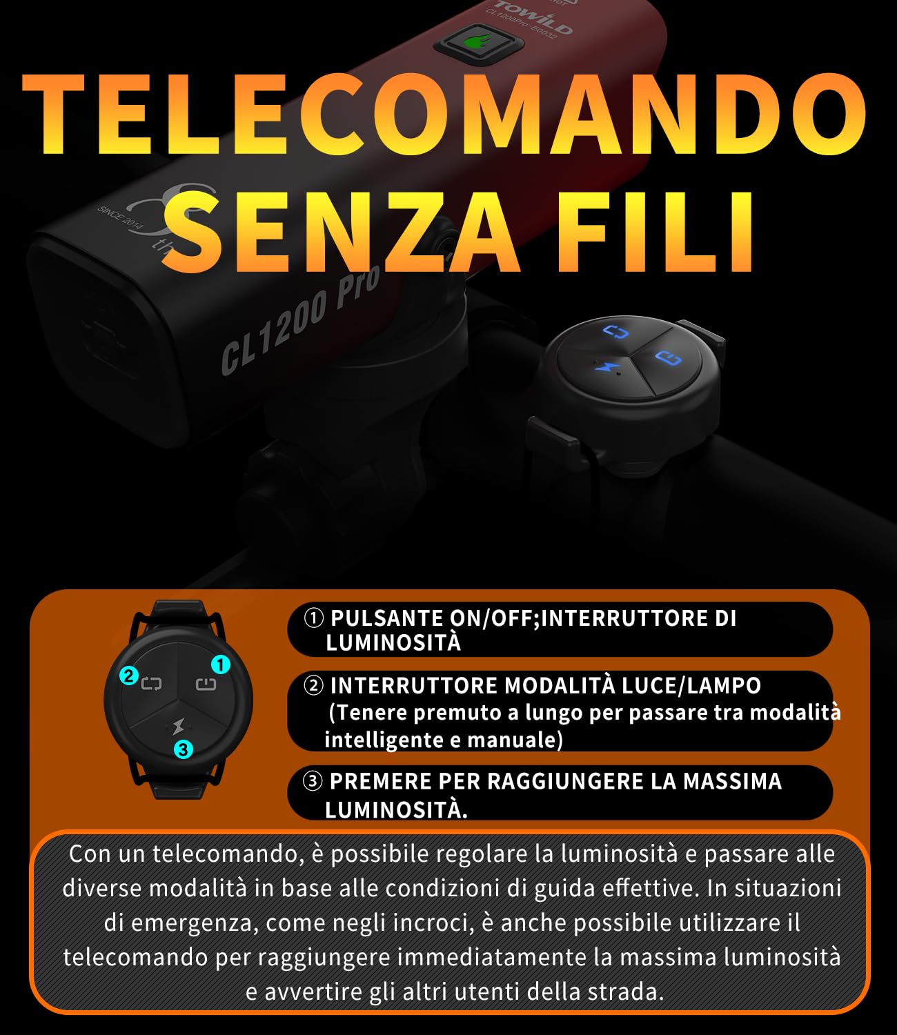 TOWILD Luce Anteriore Bicicletta Intelligente 1200 Lumen,Luci Bici Super Luminosi con Telecomando e Supporto computer da Bici,Faro Bici Impermeabili IPX6 Ricaricabili 5000 mAh per la Guida Notturna