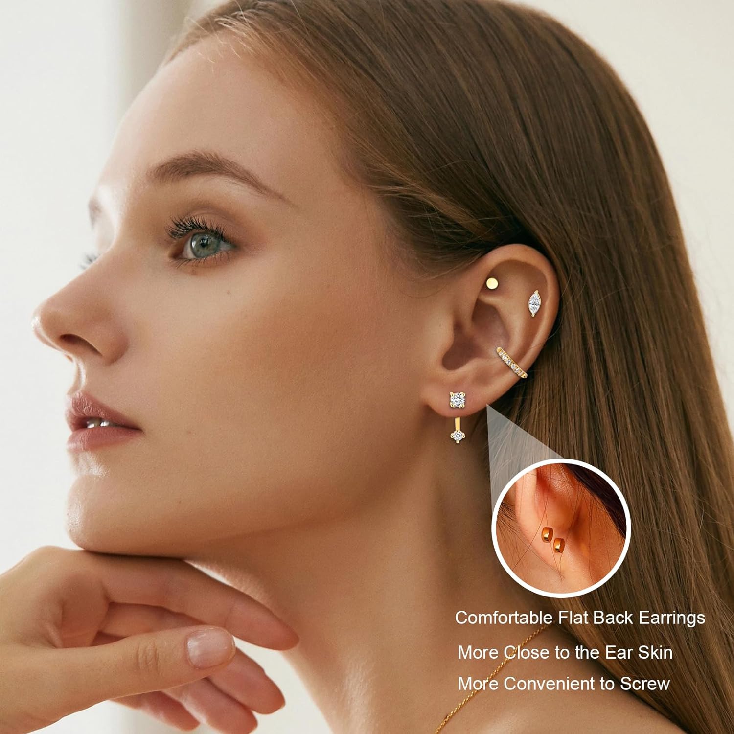 18K Gold Flat Back Earrings for Women -18 Pairs Hypoallergenic Surgical Steel Flatback Stud Earrings Hoop Earrings Dainty Cartilage Earring Gold Earring Stack Set for Multiple Piercing - Image 3