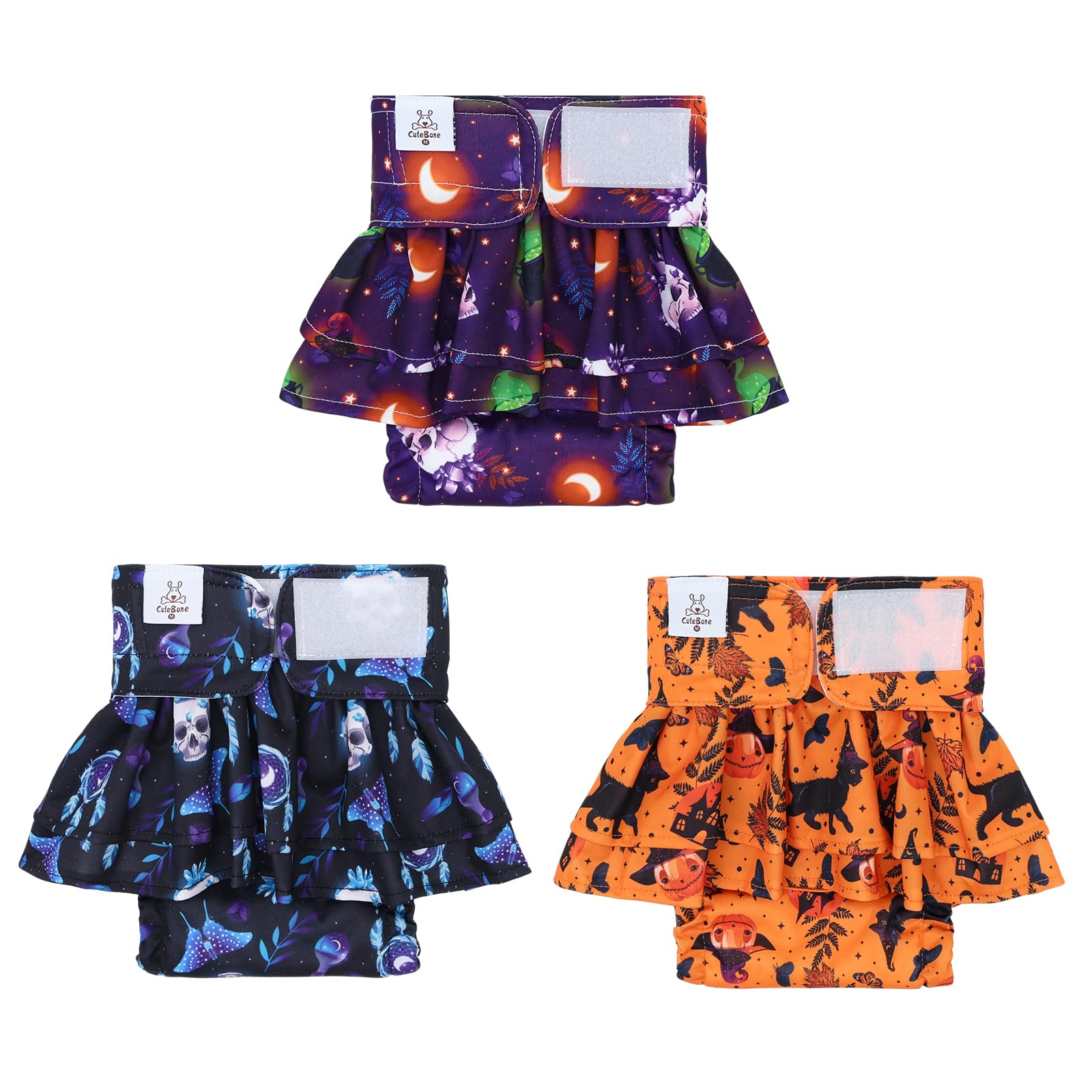 CuteBone Female Dog Diapers Halloween with Skirts 3 Pack Reusable Puppy Dresses Pants for Heat Cycle Period