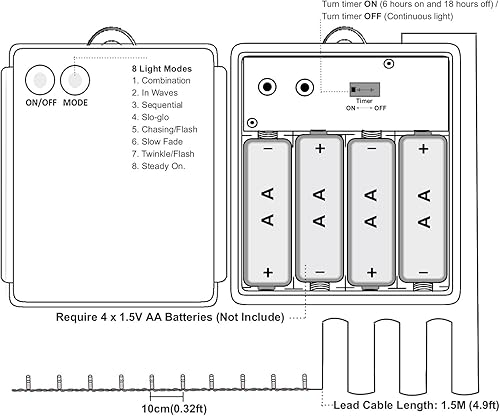 Miniatura 6 de Guirnalda de 100 luces LED de Navidad de 33 pies, funciona con pilas, 8 modos de iluminación, impermeable, con temporizador para interiorexterior,