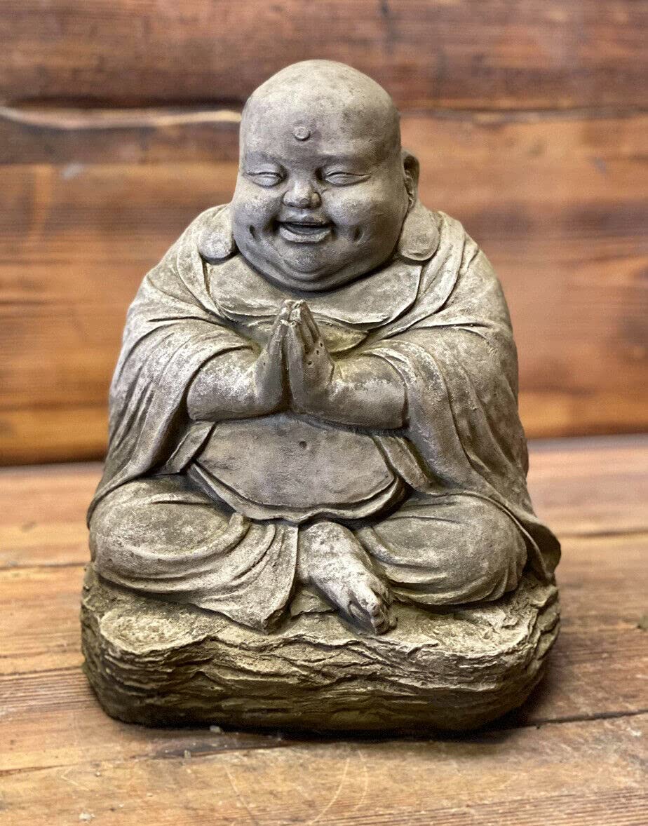 J And L Stone Ornaments Gray Or Beige Large Chubby Happy Smiling Praying Buddha Statue Ornament