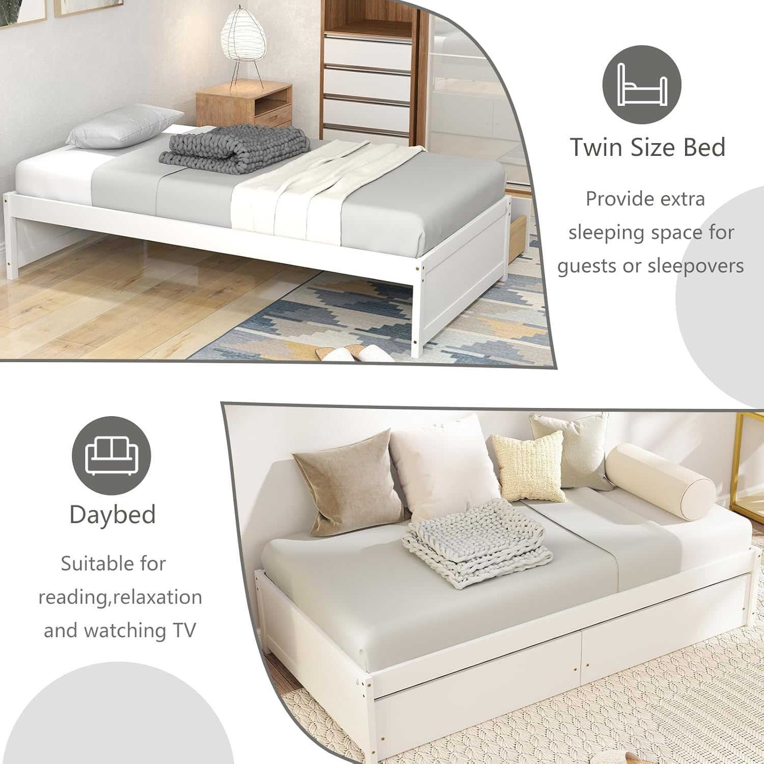 KOMFOTT Twin Size Wood Platform Bed Frame with 2 Storage Drawers, Wooden Platform Bed with Slats Support, Daybed Frame for Living Room, Twin Bed Frame for Teens, Adults, No Box Spring Needed (White)