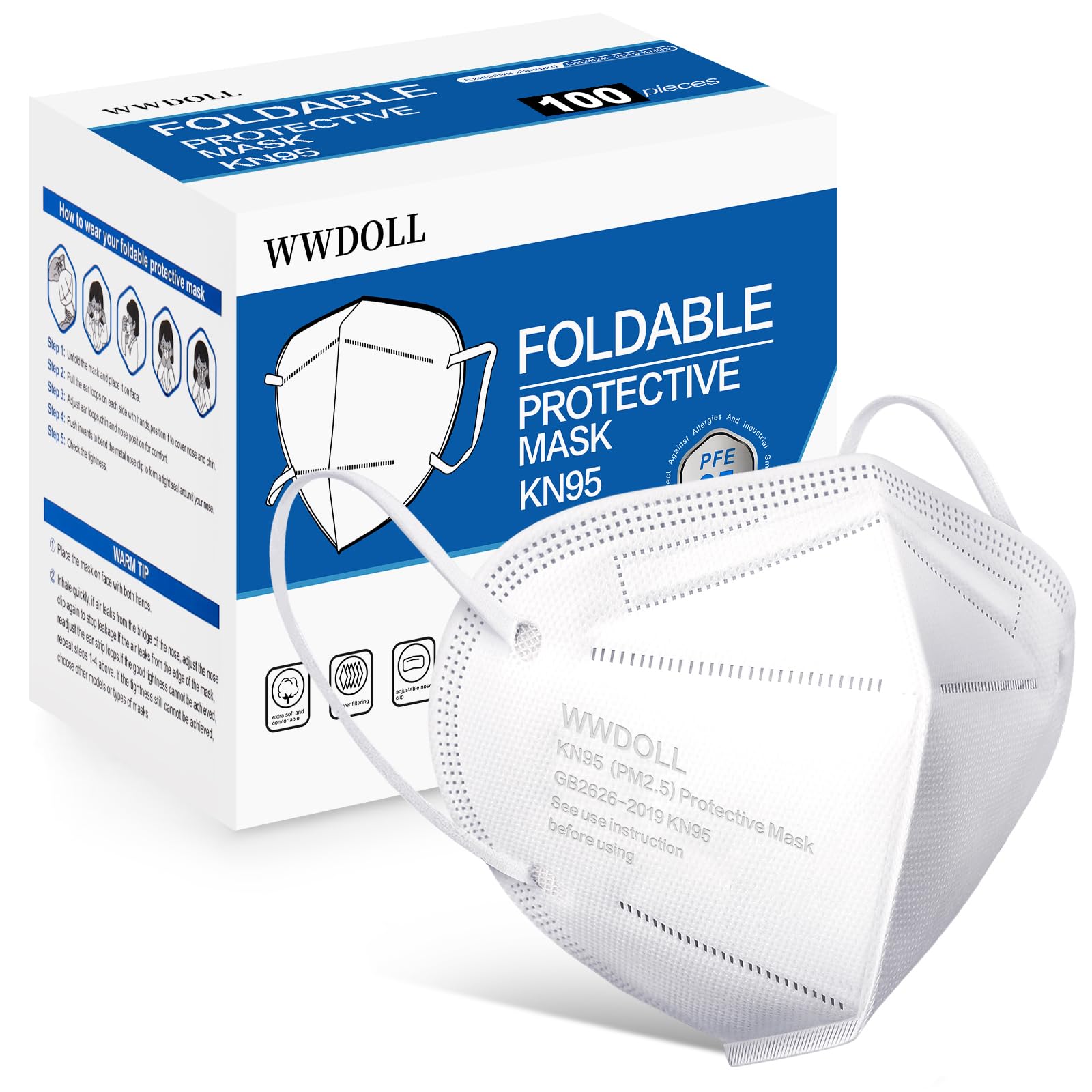 WWDOLL KN95 Face Mask - 100 Pack White KN95 Mask 5-Layer Breathable Mask, KN95 White Masks Protection for Adult, Indoor, Outdoor Use