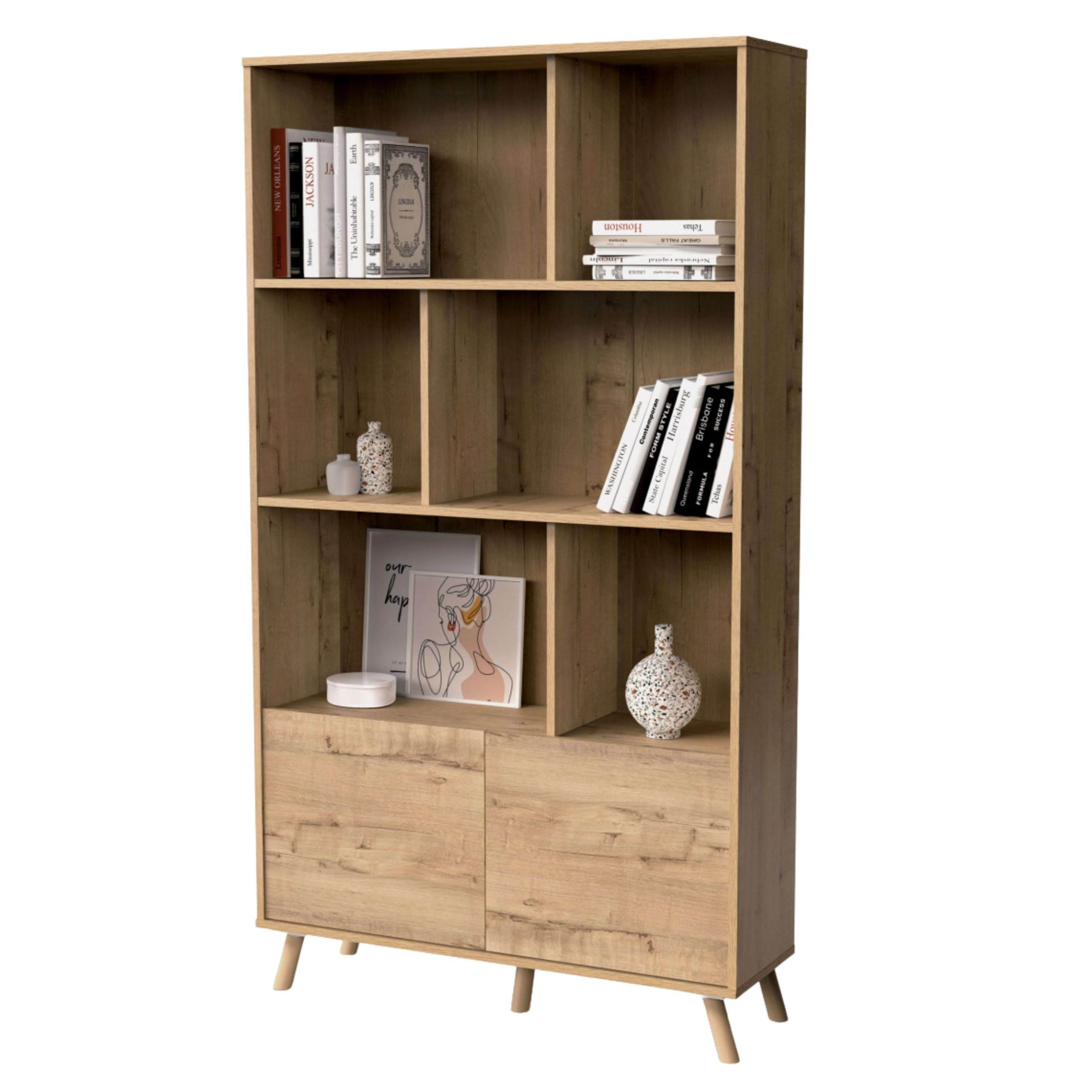 MUEBLES PITARCH | Librería de Salón, Oficina o Despacho, 2 Puertas y 3 Estantes, Patas, Roble Gold, 179x100x30cm (Alto x Ancho x Fondo), Moderna, Nórdica, Elegante, Resistente, Modelo Oslo