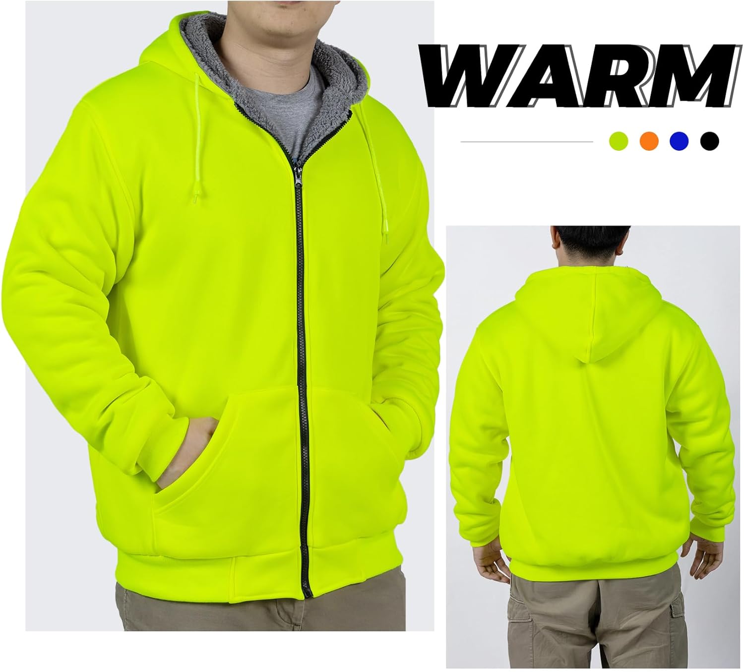 VENDACE Hi Vis Hoodie for Men Sherpa Fleece Lined Safety Sweatshirt Fleece Hoodie Zipper Construction Work Jacket Sweater - Image 2