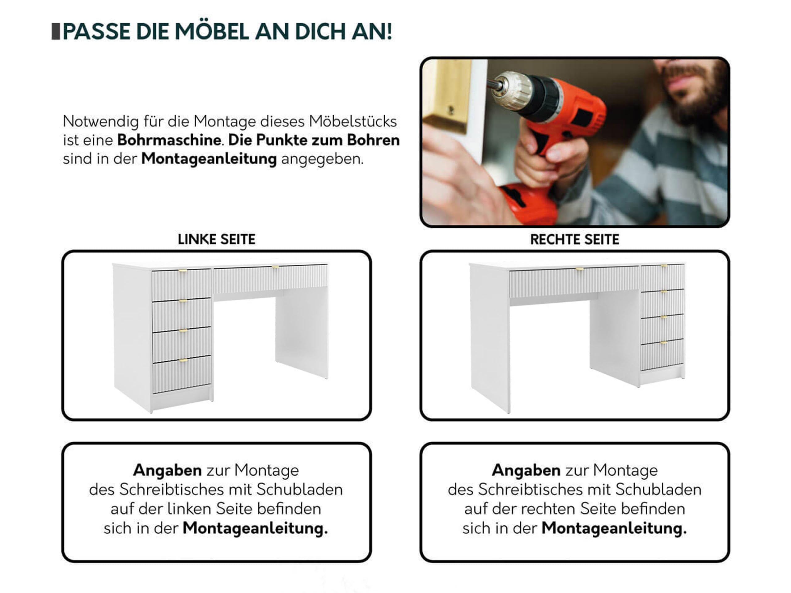Mirjan24 Schreibtisch Tireno, 5 Universale Schubladen geriffelte Fronten Schülerschreibtisch Computertisch Kinderschreibtisch Arbeitstisch PC-Tisch Jugendzimmer Kinderzimmer (Sandbeige)