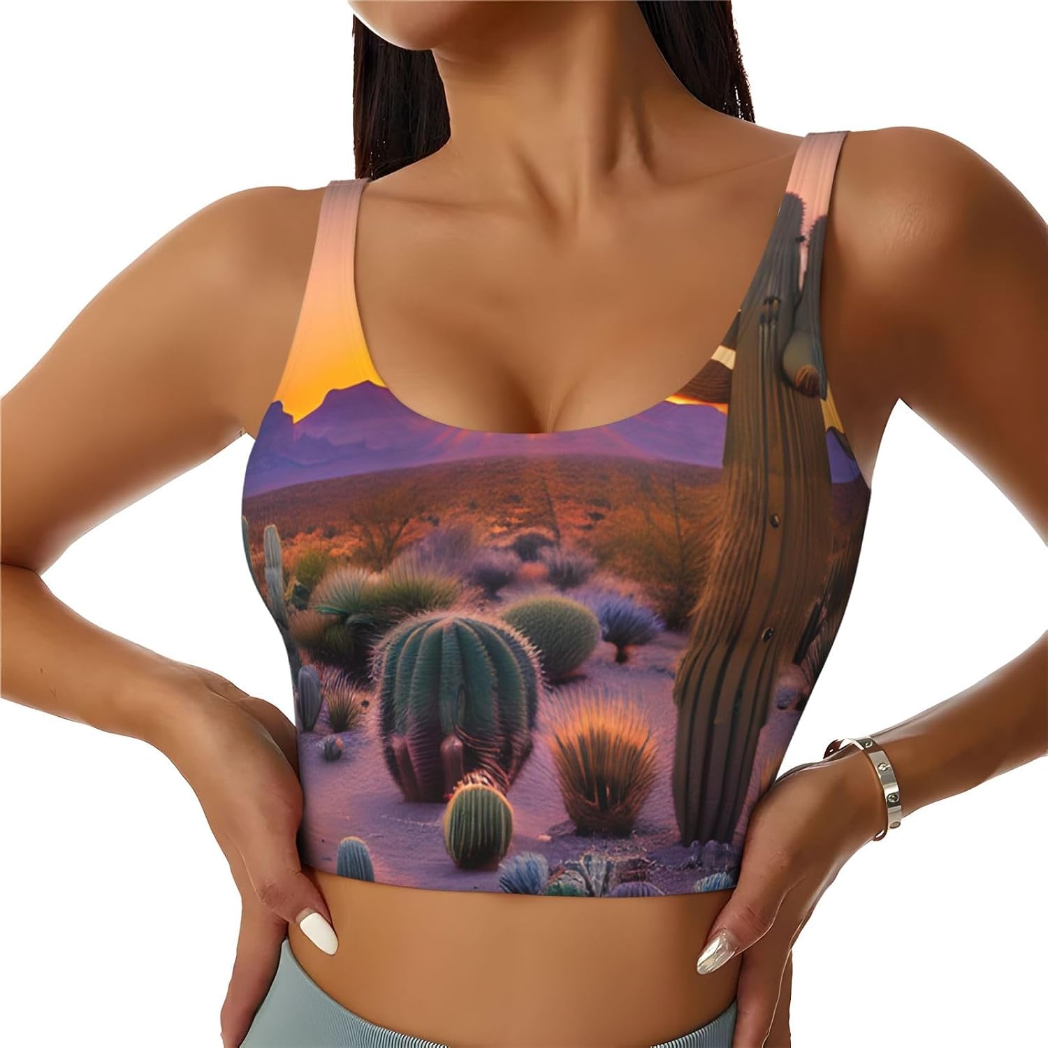 Cactus Desert Sunsets Print Women's Sports Bra Tank Tops,Longline Sports Bras for Yoga,Workout and Running