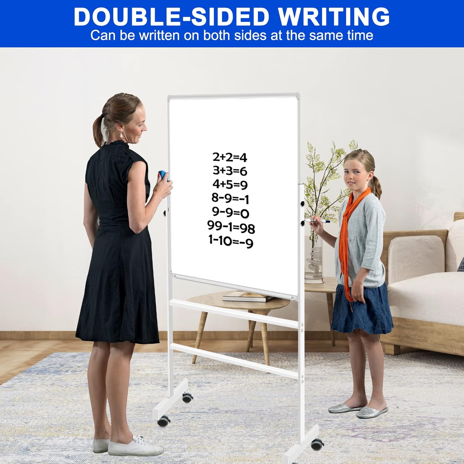 White Board Dry Erase Board with Stand 36" X 24", Mobile Whiteboard with Stands, Double-Sided & Height Adjustable Rolling Magnetic Whiteboard On Wheels, Portable Stand Up White Board