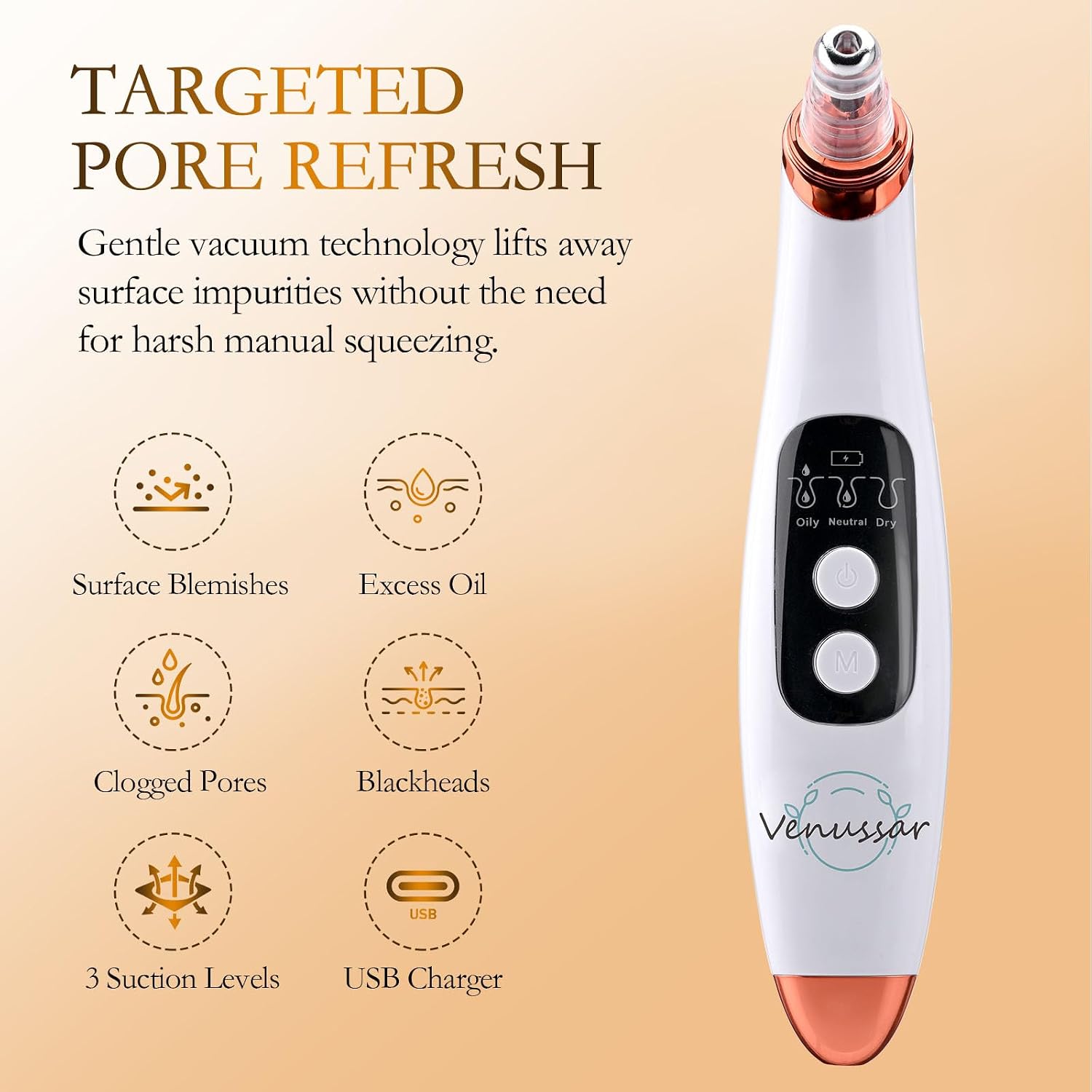 Blackhead Remover Pore Vacuum, Electric Facial Pore Suction Extractor | with 3 Adjustable Power Levels and 6 Replaceable Probes, USB Rechargeable Pore Sucker for Women & Men