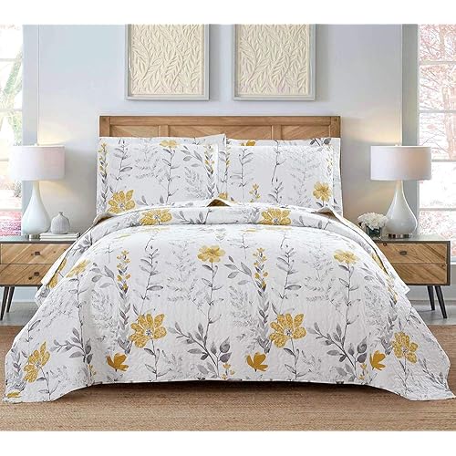 Quilt Set King Floral Bedspread Coverlet King Floral Quilts Bedding Spring Summer Lightweight Quilts Bedspread Reversible Bedding Grey Leaf Yellow Floral Quilt Collection Bedspread with Pillow Shams