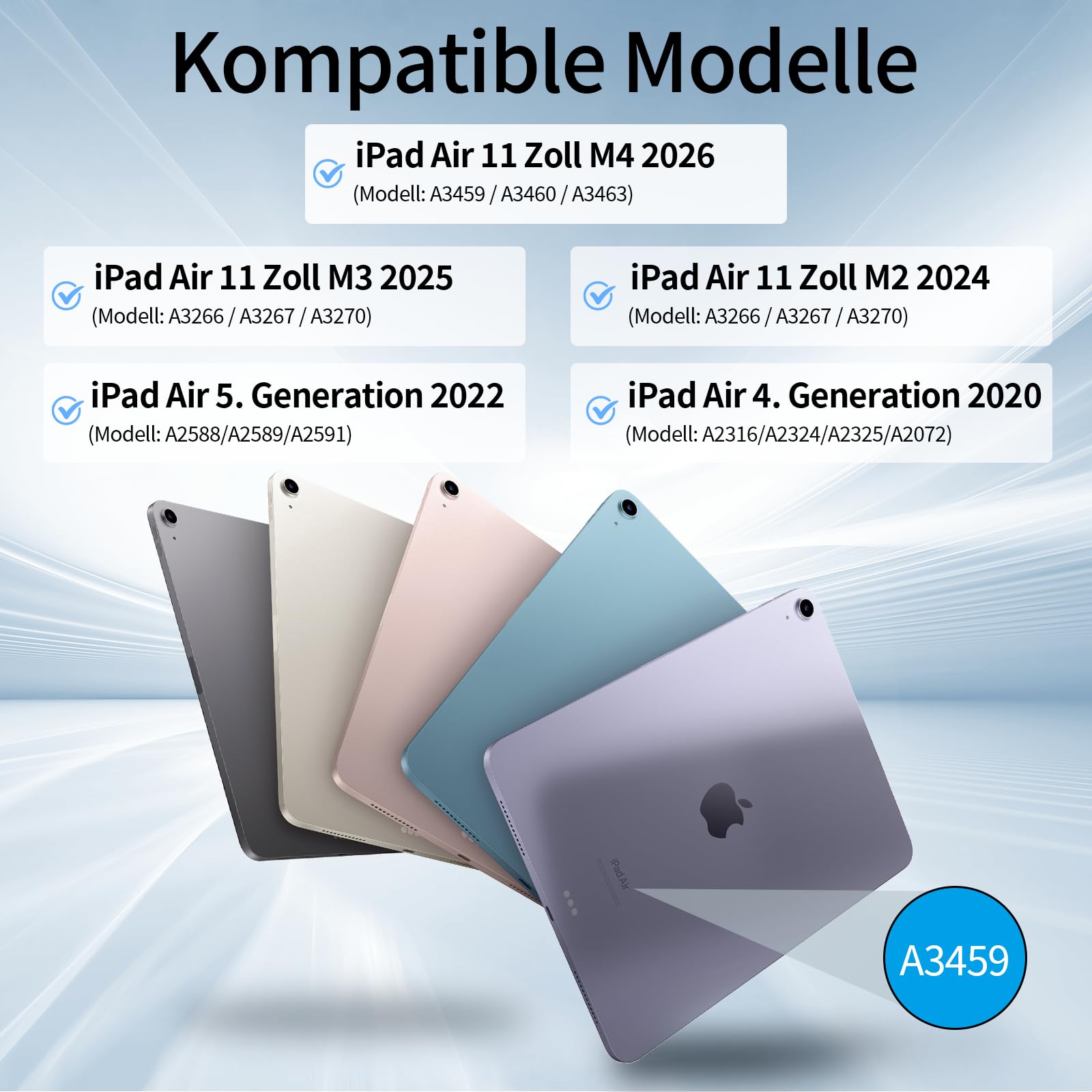 Custodia con Tastiera per iPad Air 11 Pollici 2025 2024 (M3/M2), iPad Air 5 4 2022/2020 10,9 Pollici, Cover Morbida TPU con Supporto per Penna, Tastiera Folio Magnetica Rimovibile, Blu Chiaro
