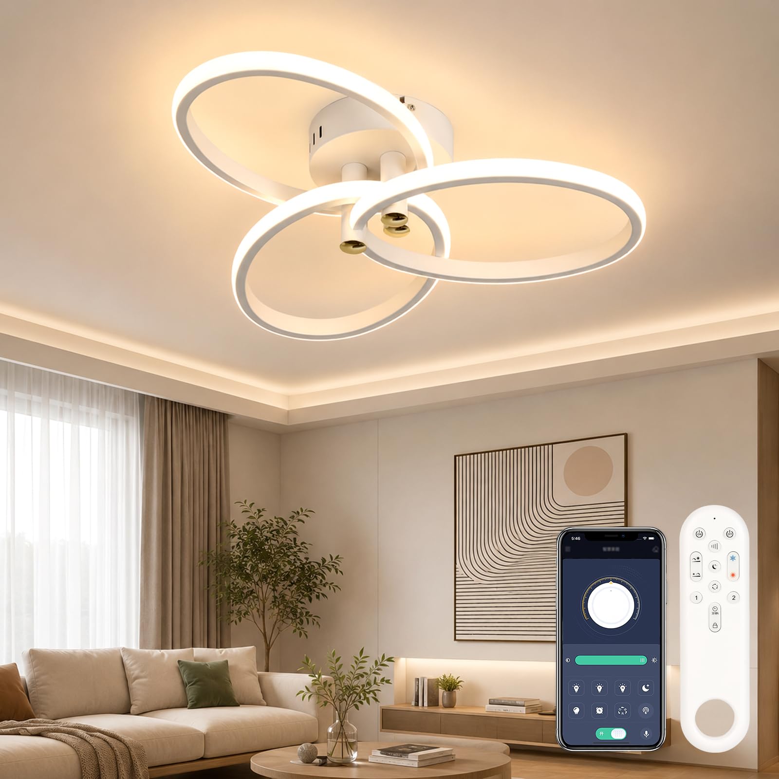 OTREN Lampadario Camera da Letto Dimmerabile 47cm 40W con Telecomando | 3000K-6500K, luce notturna, timer, funzione memoria, per soggiorno, cucina