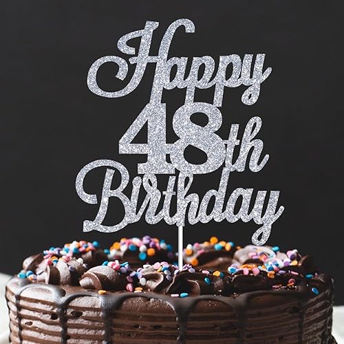 Miniatura 3 de Happy 48th Birthday Cake Toppers Sliver Glitter, Cheers to 48 Years Old Bday Decoration 48th Anniversary Cake Topper, Forty-eight Theme Cake