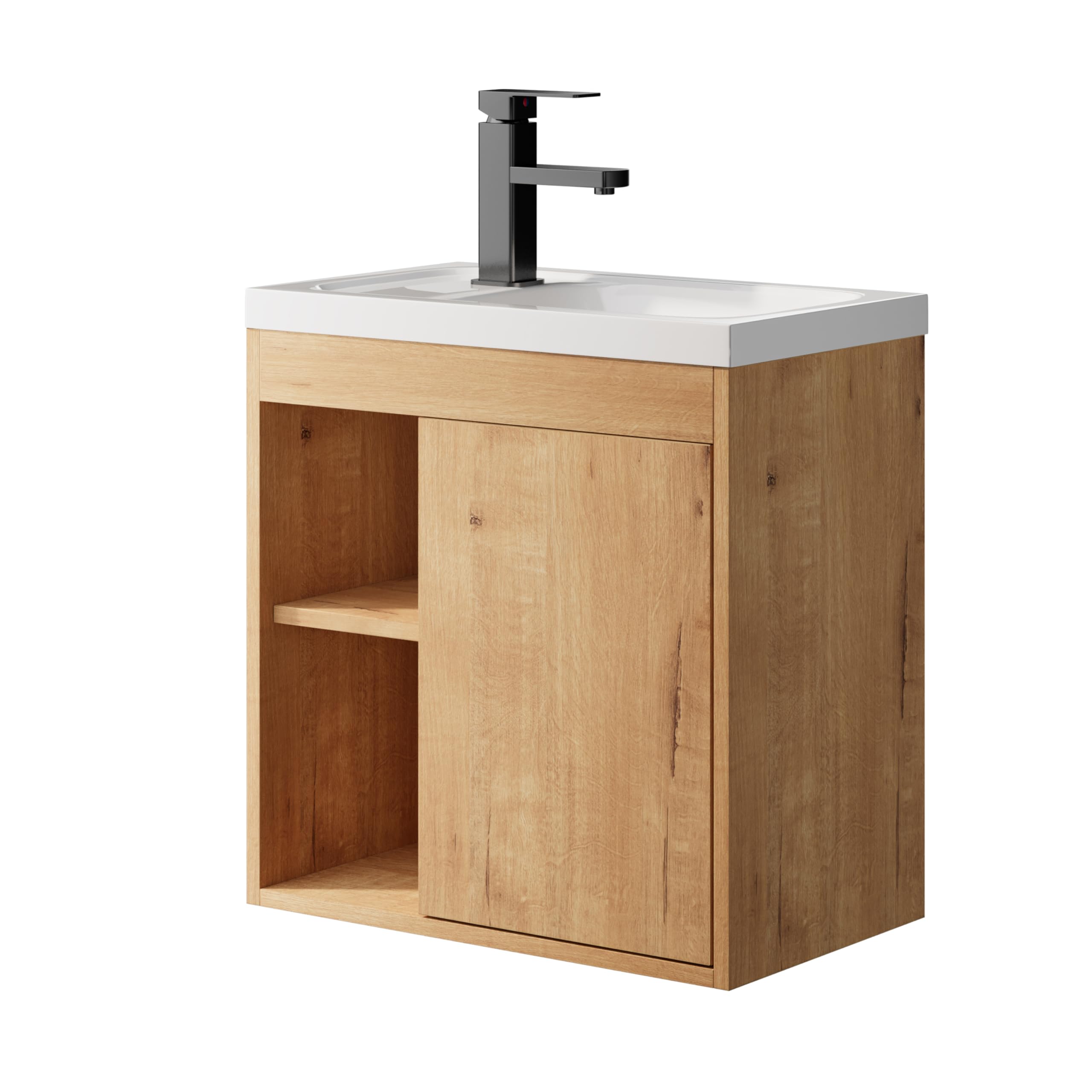 UEV Meuble Lave-Mains Mural, Meuble Lavabo Suspendu, Lavabo en Résine, Espace de Rangement Caché/Ouvert, Motif Bois Naturel, 51 x 30,5 x 54 cm, Naturel
